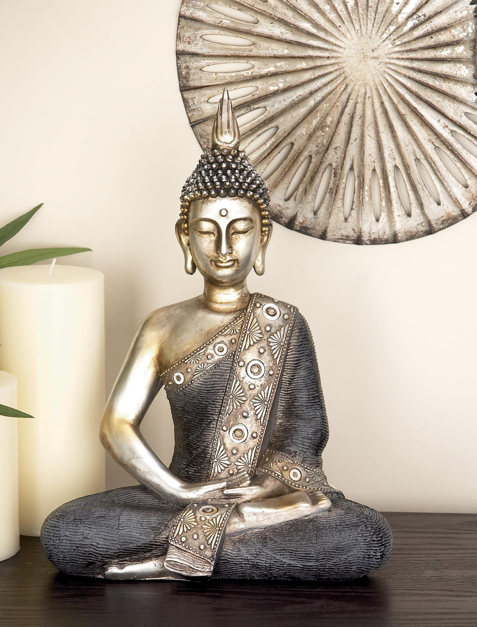 Buddha Brass Polystone Meditating Decorative Sculpture with Engraved Carvings and Relief Detailing