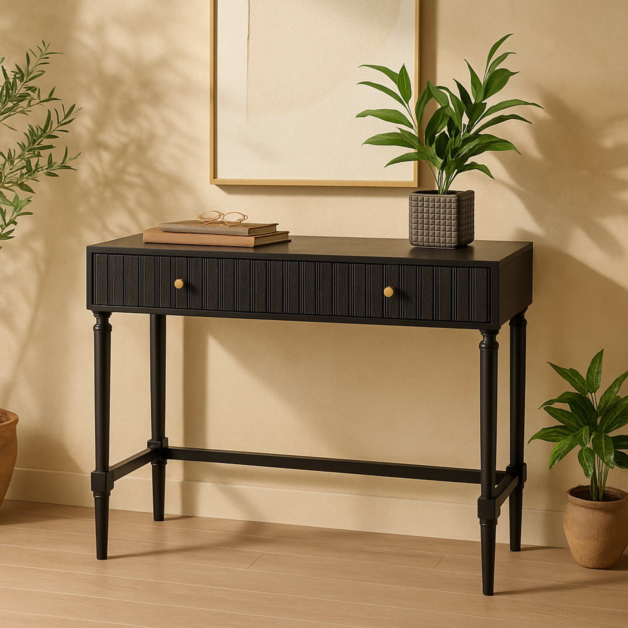 Black Wood Handmade 2 Drawer Living Room Console Table with Gold Handles
