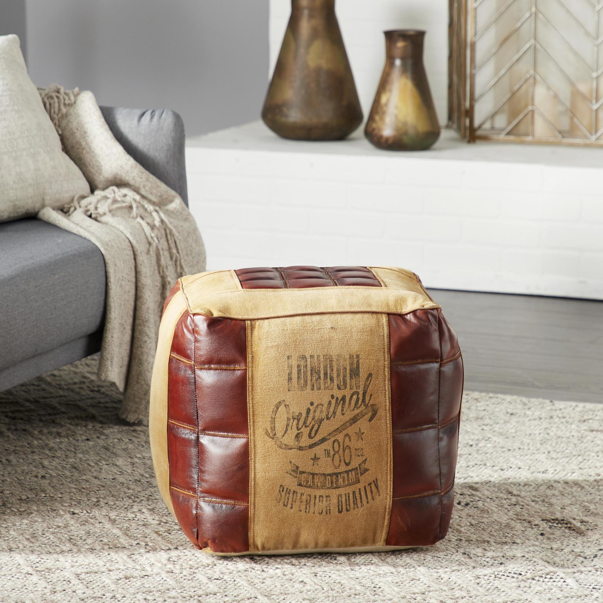 Star Canvas Stuffed Pouf with Leather Accents