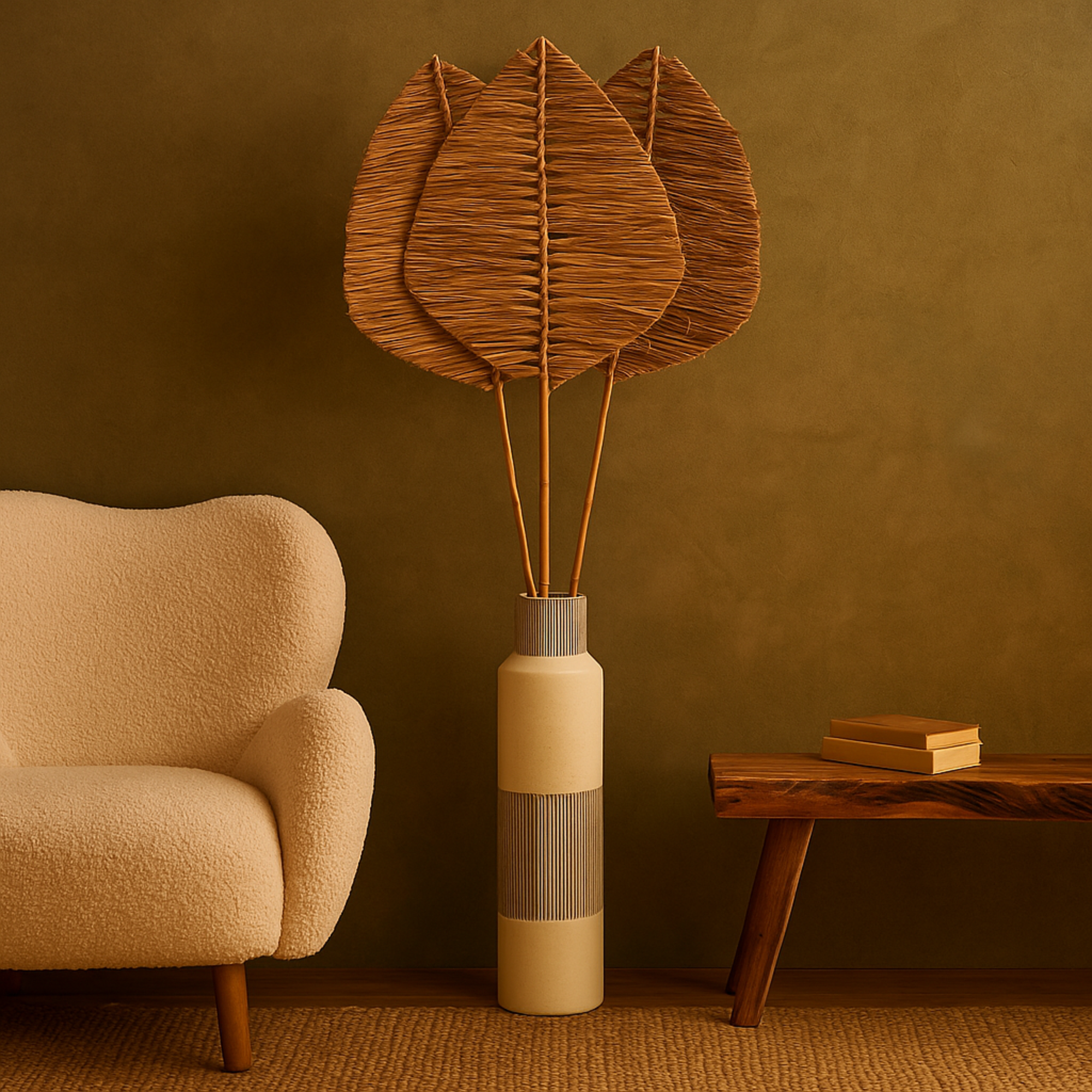 Set of 3 Palm Tree Light Brown Bamboo Wood Handmade Tall Tassel Leaf Fan Stick Home Decor Natural Foliage