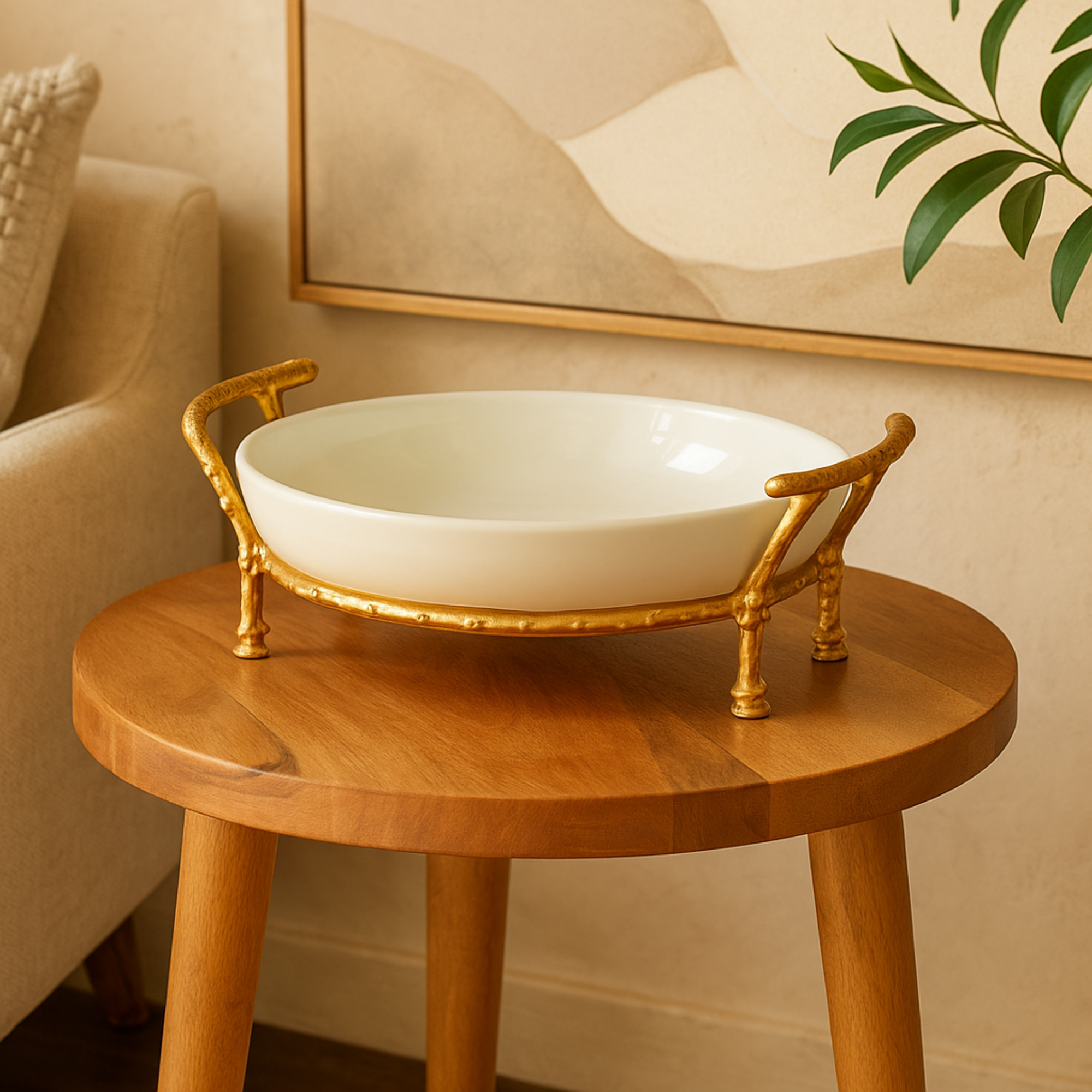 Kitchen White Tempered Glass Decorative Serving Bowl with Gold Metal Stand