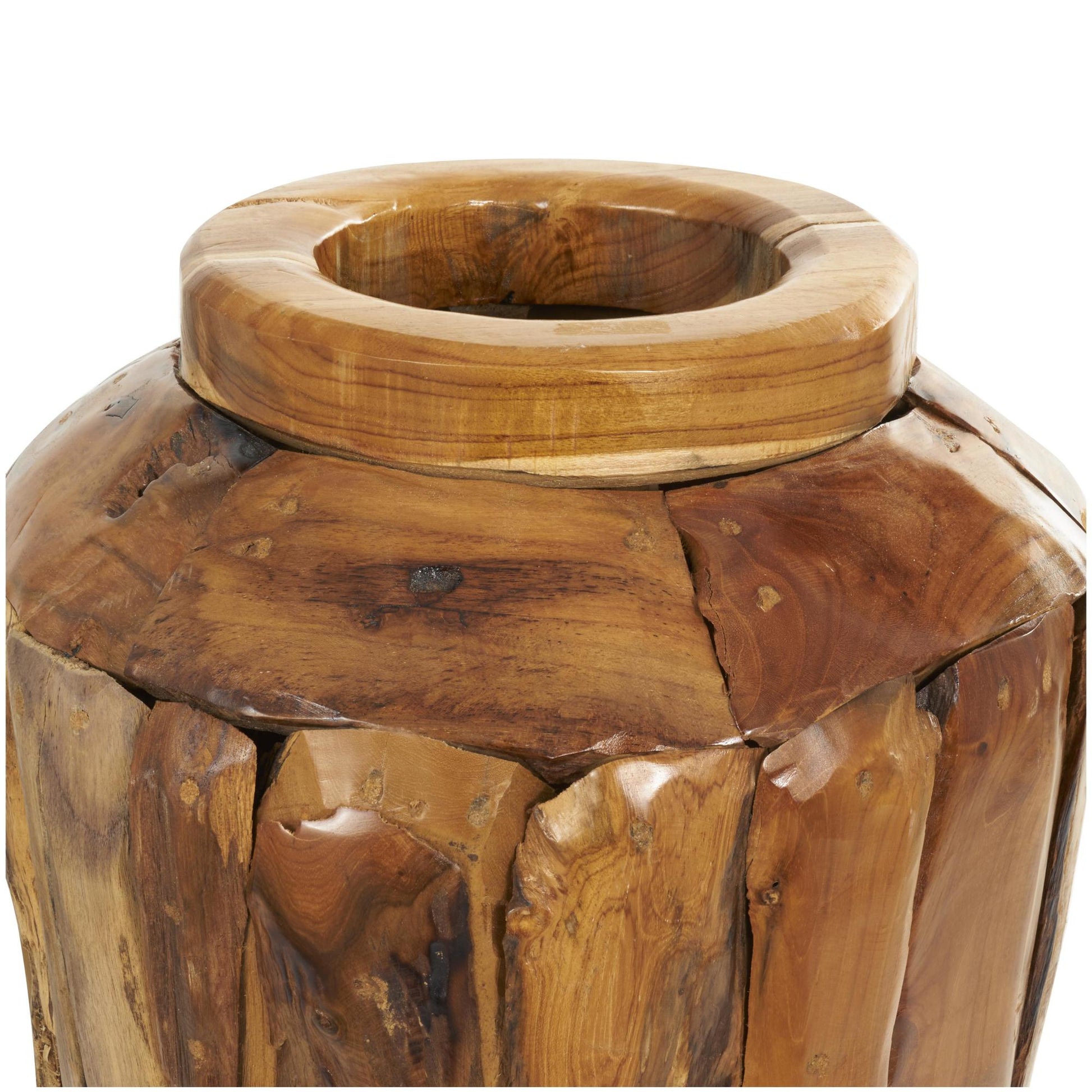 Brown Teak Wood Handmade Tall Floor Decorative Vase with Mosaic Live Edge Pieces