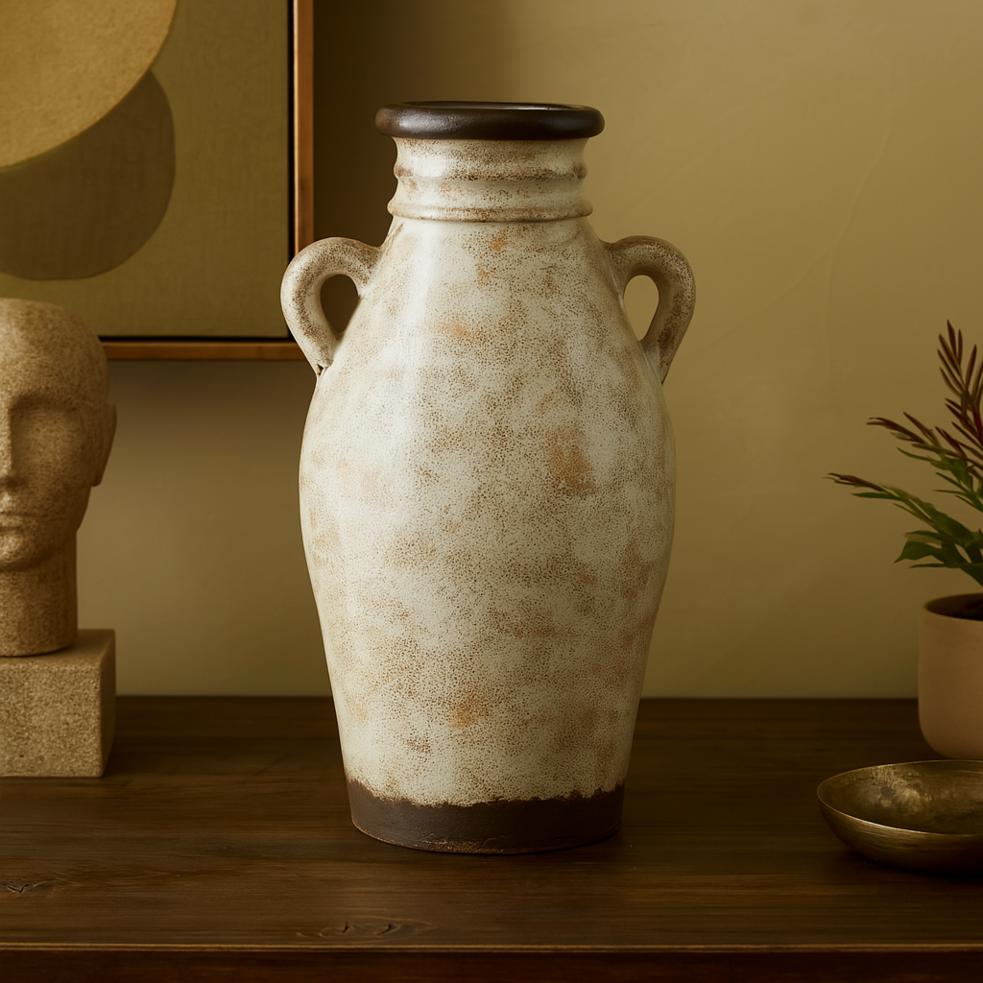 Cream Ceramic Antique Amphora Decorative Vase with Speckled Texturing and Yellow and Brown Accents