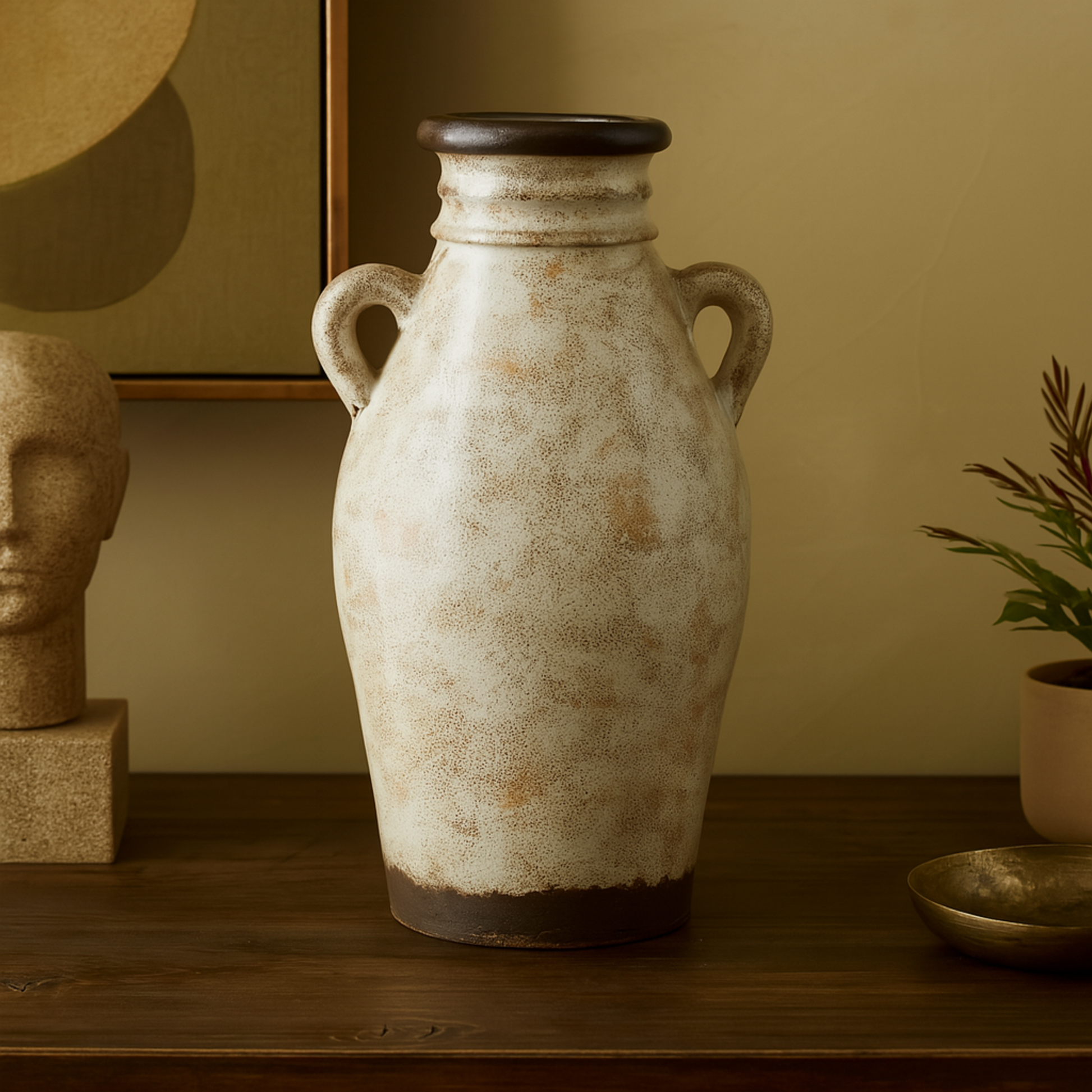 Cream Ceramic Antique Amphora Decorative Vase with Speckled Texturing and Yellow and Brown Accents