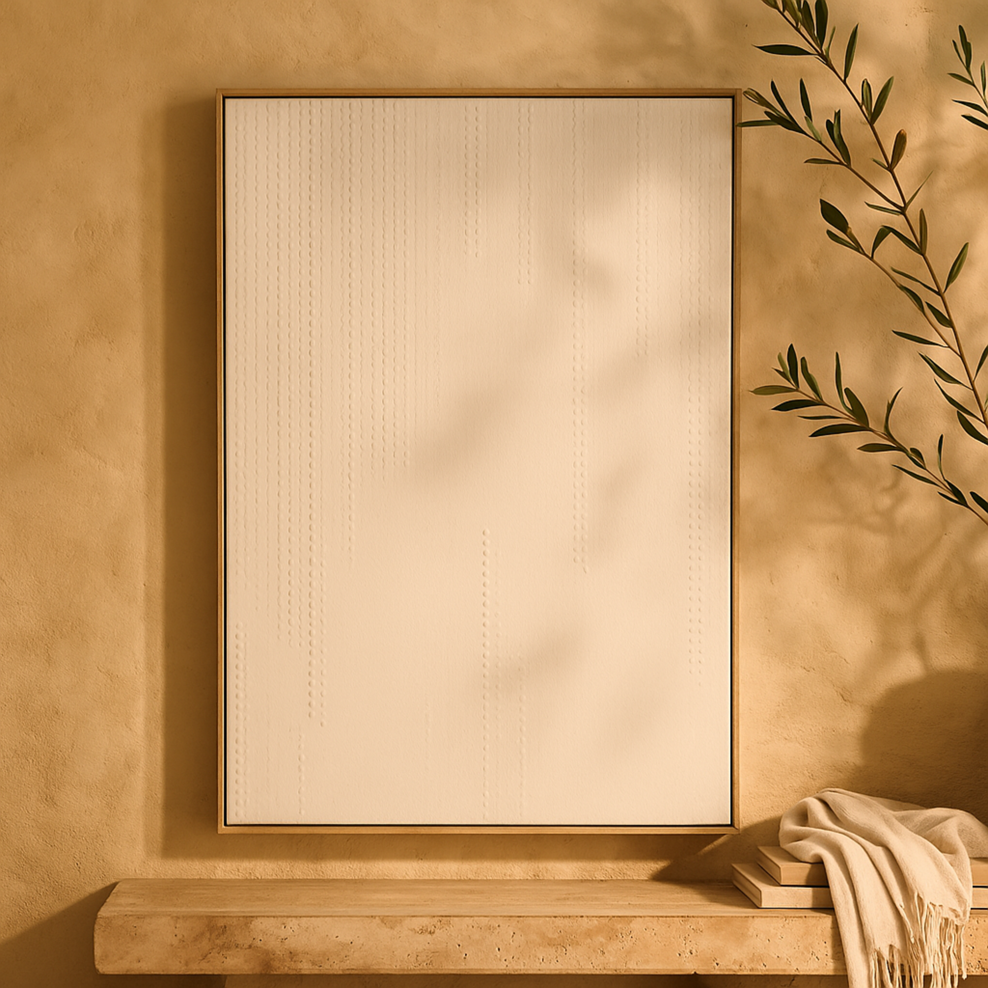 Abstract White Wooden Dimensional Dot Living Room Framed Wall Art with Brown Wooden Frame