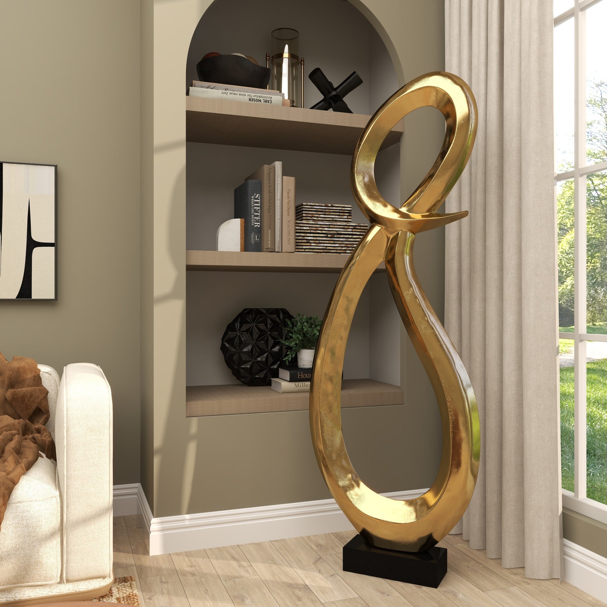 Abstract Aluminum Metal Tall Looped Floor Decorative Sculpture with Black Marble Base