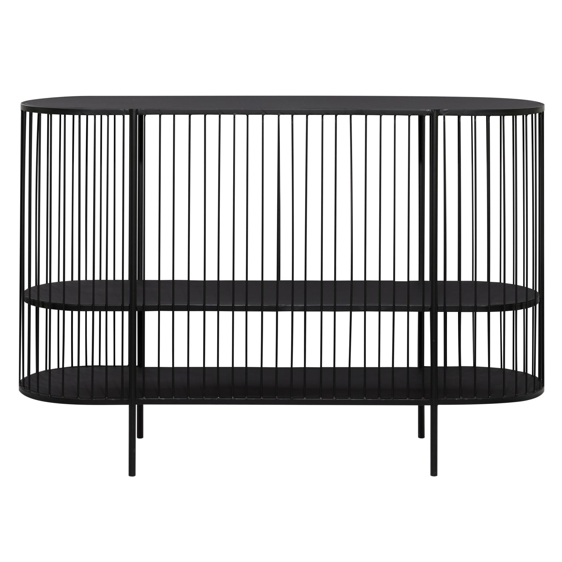 Black Metal Narrow Oval 2 Shelf Living Room Console Table with Open Wire Frame