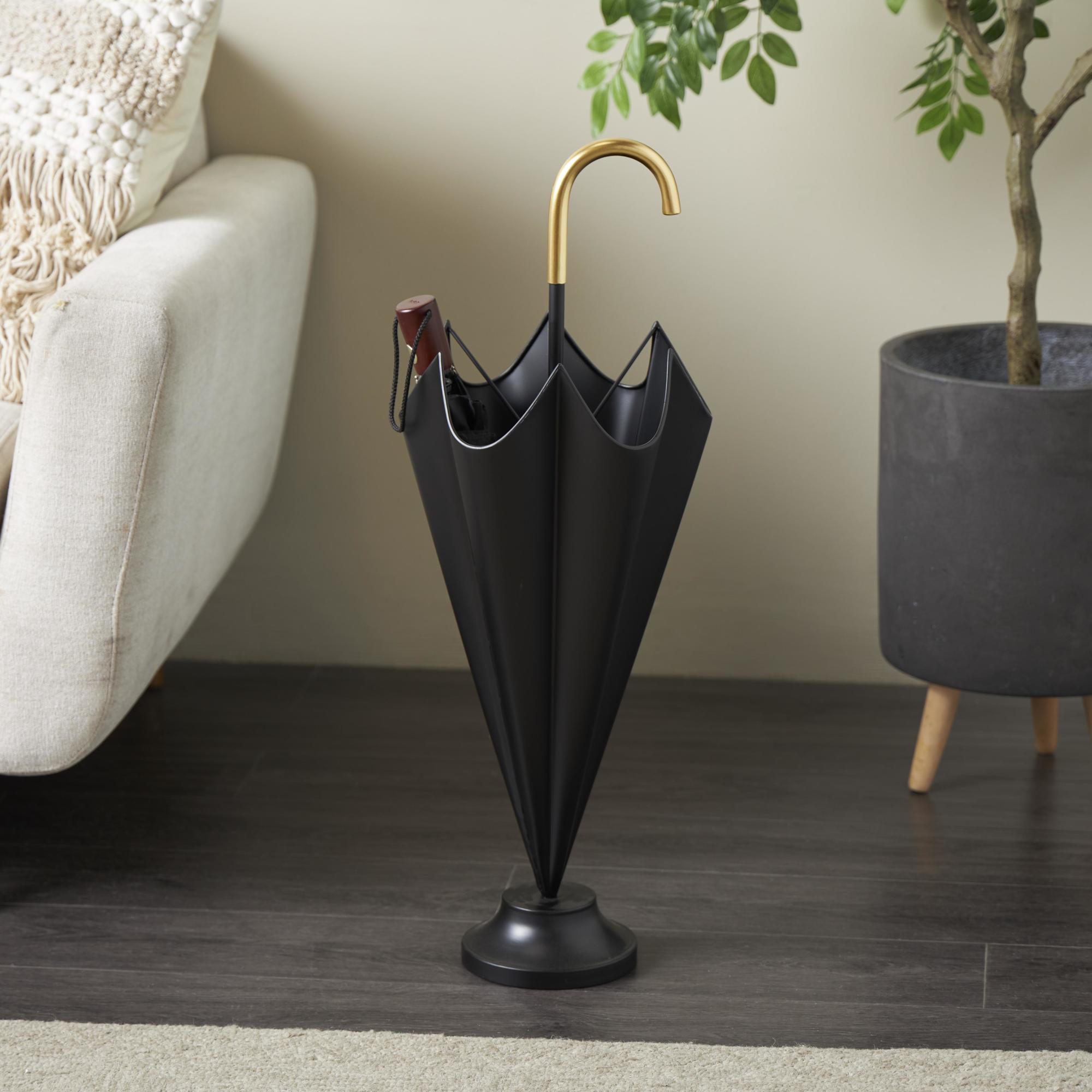 Black Metal Decorative Umbrella Stand with Gold Handle and Ball Details