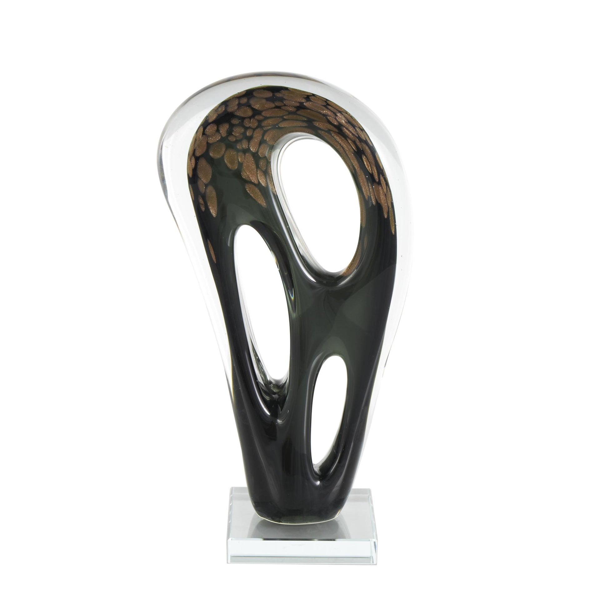 Abstract Black Glass Curved Cutout Decorative Sculpture with Gold Spotted Accents
