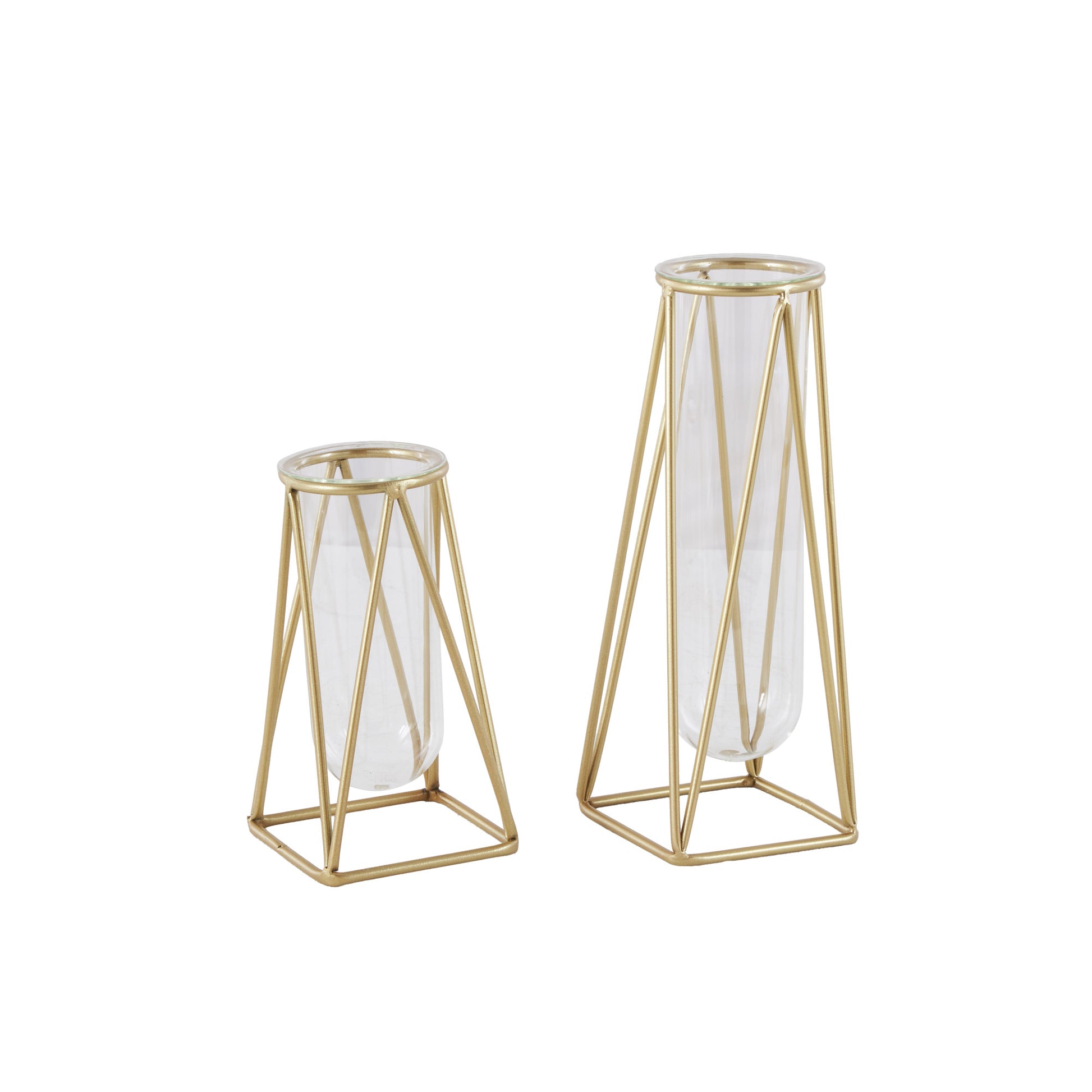 Set of 2 Geometric Glass Tube Decorative Vase with Metal Stand