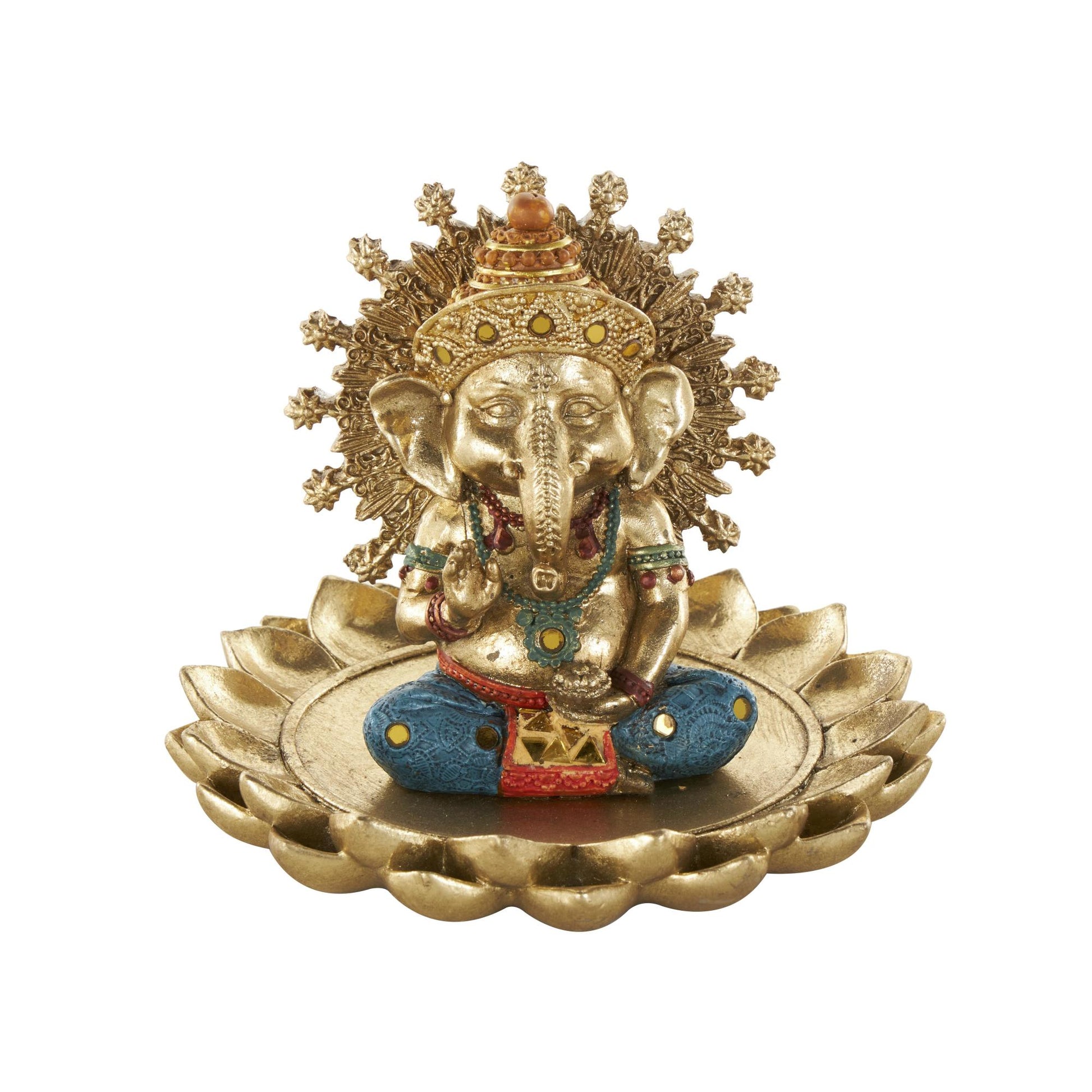 Ganesh Gold Resin Decorative Sculpture with Lotus Plate and Colorful Dresswear