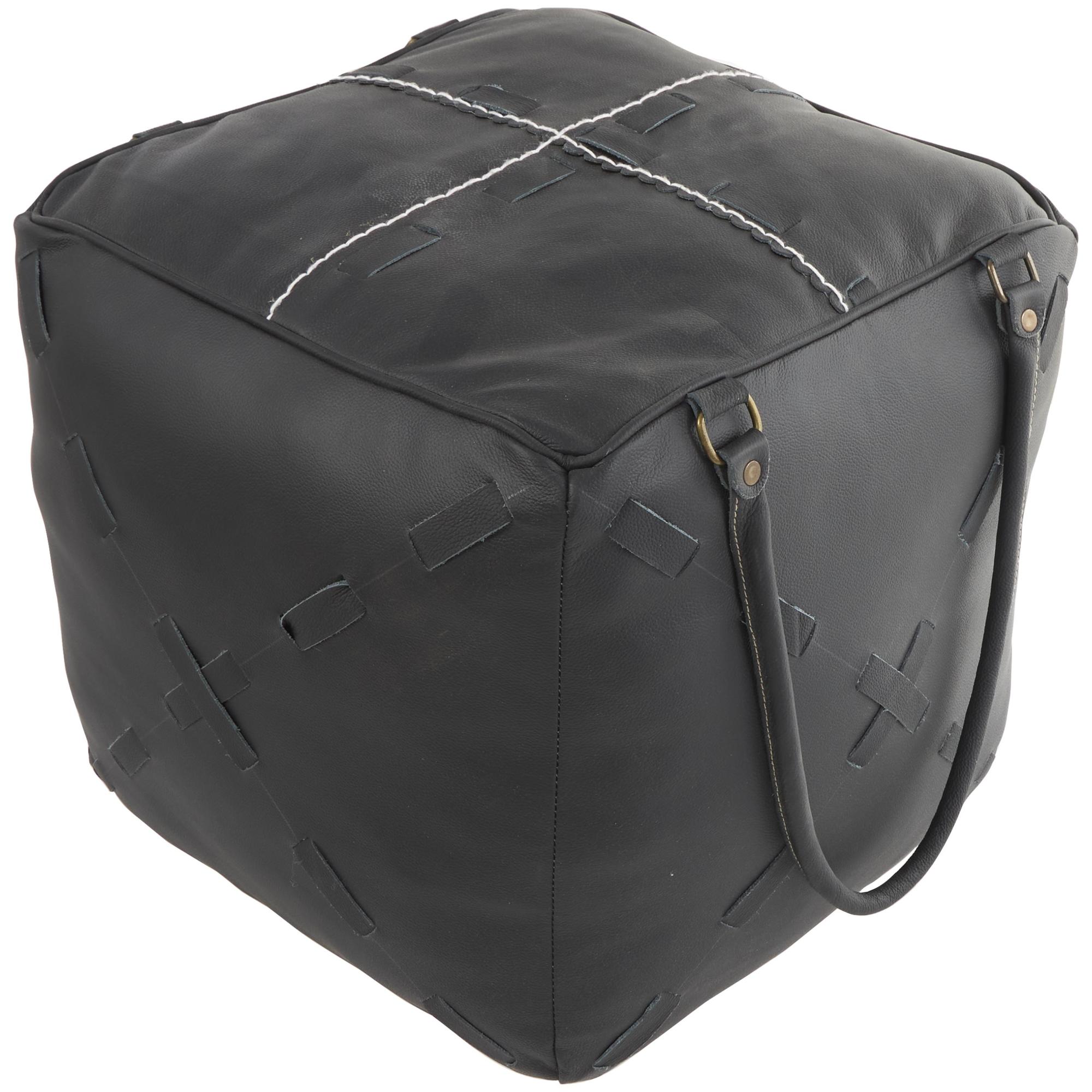 Leather Stuffed Pouf with Woven Straps and Handles