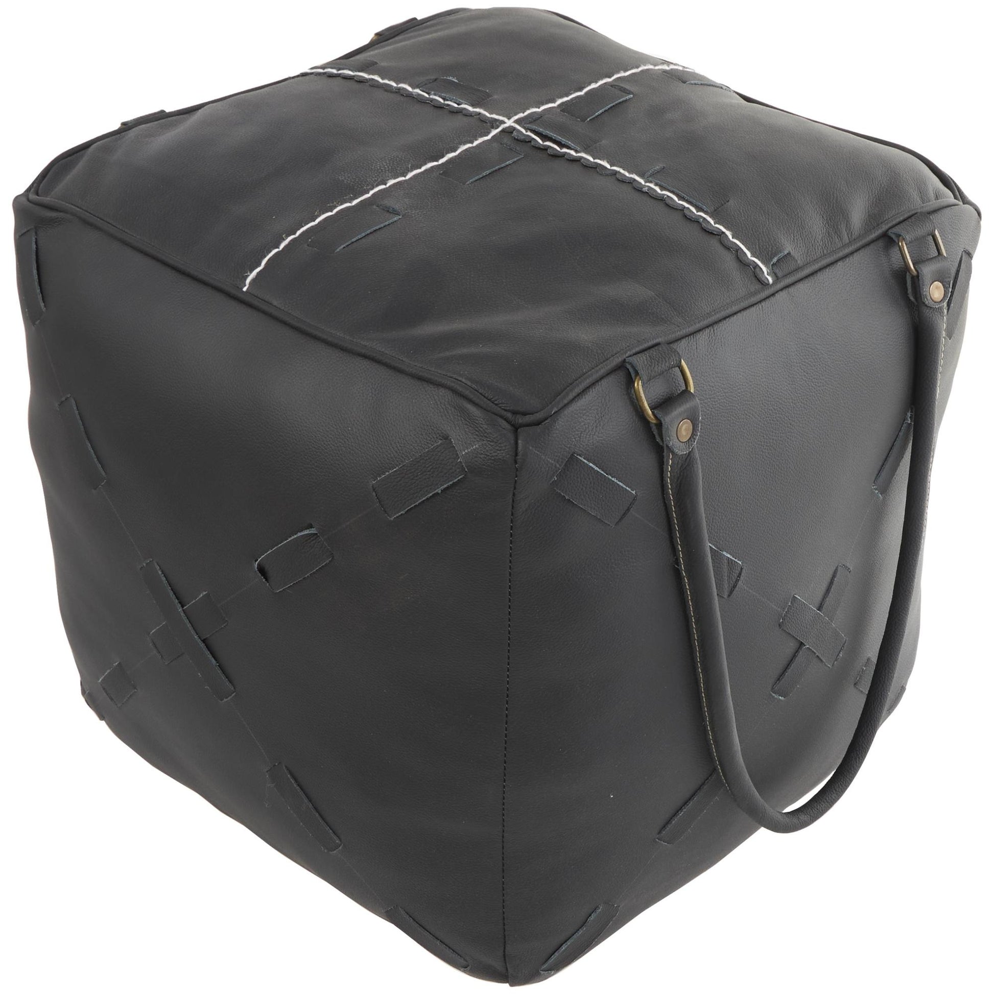 Leather Stuffed Pouf with Woven Straps and Handles