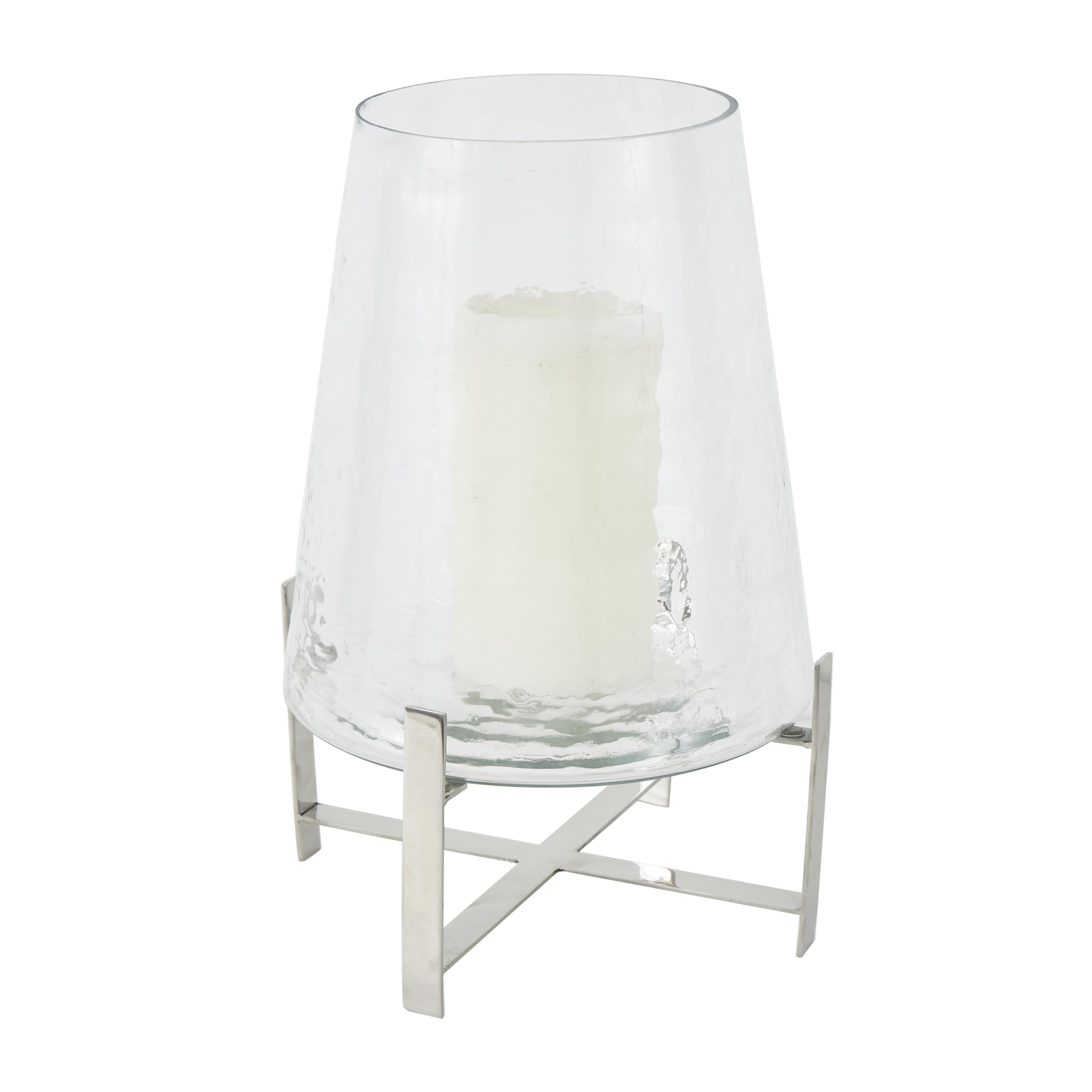 Clear Stainless Steel Metal Room Hurricane Lamp with Stainless Steel X Shaped Base