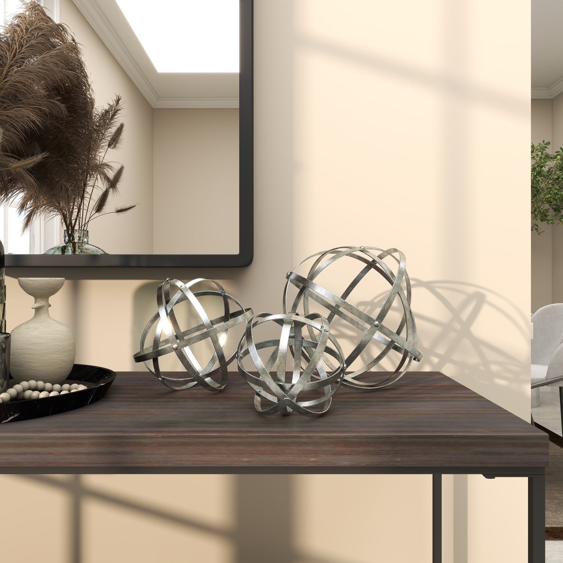 Set of 3 Geometric Silver Metal Decorative Sculpture