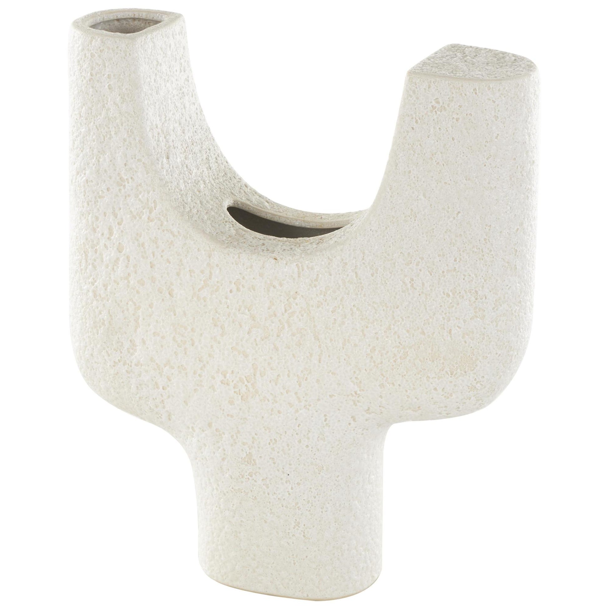 Abstract White Ceramic Curved Decorative Vase with Dual Openings and Speckled Texturing