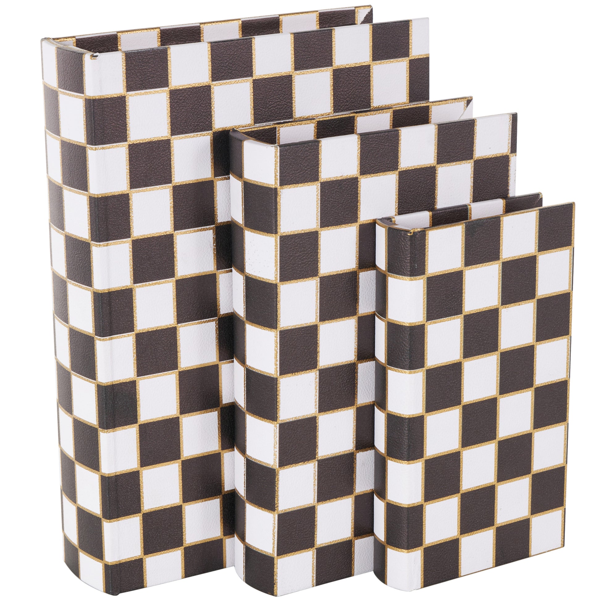 Set of 3 Black Faux Leather Checkered Faux Book Storage Decorative Box with White and Metallic Gold Accents