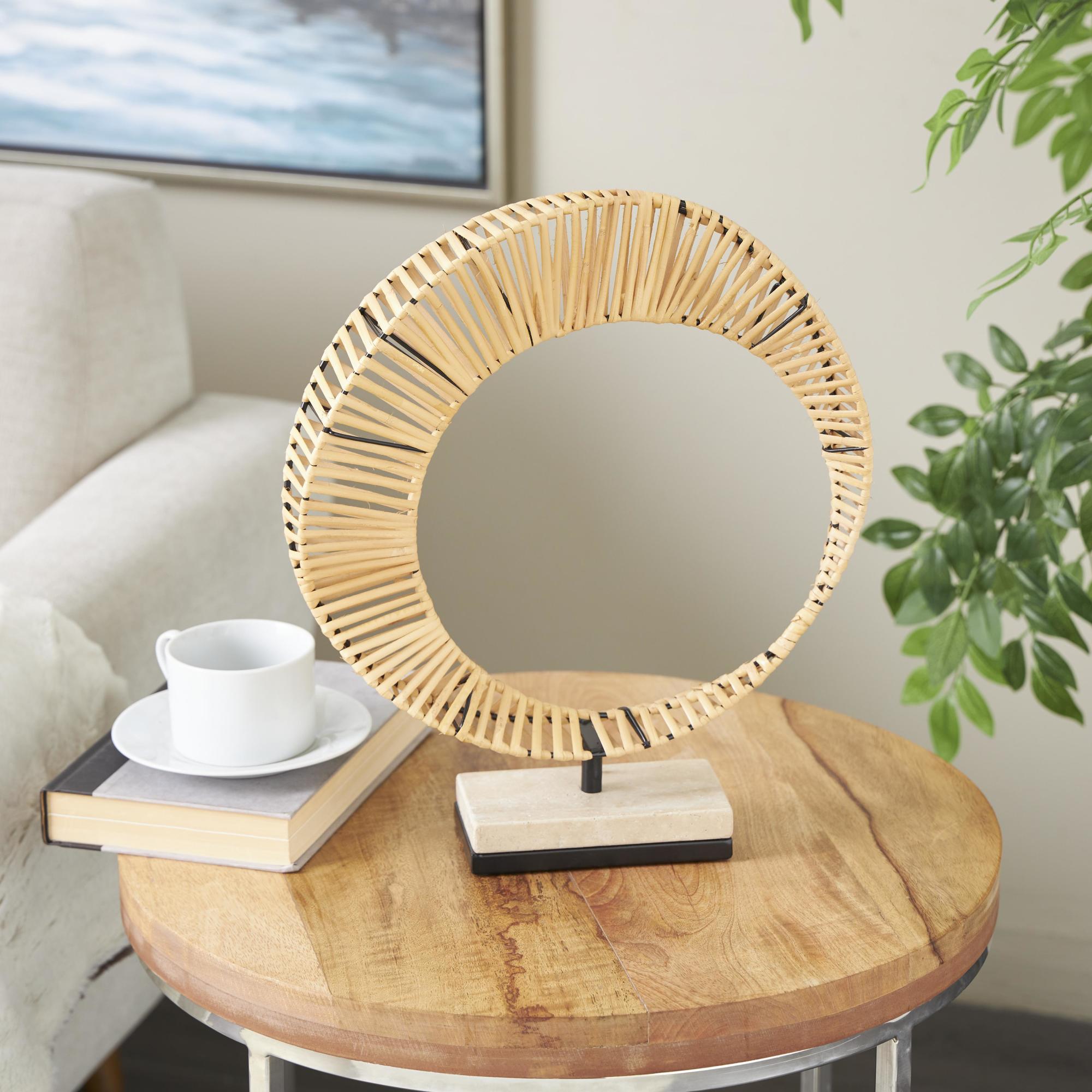 Abstract Brown Rattan Handmade Mobius Strip Inspired Decorative Sculpture with White Marble Base