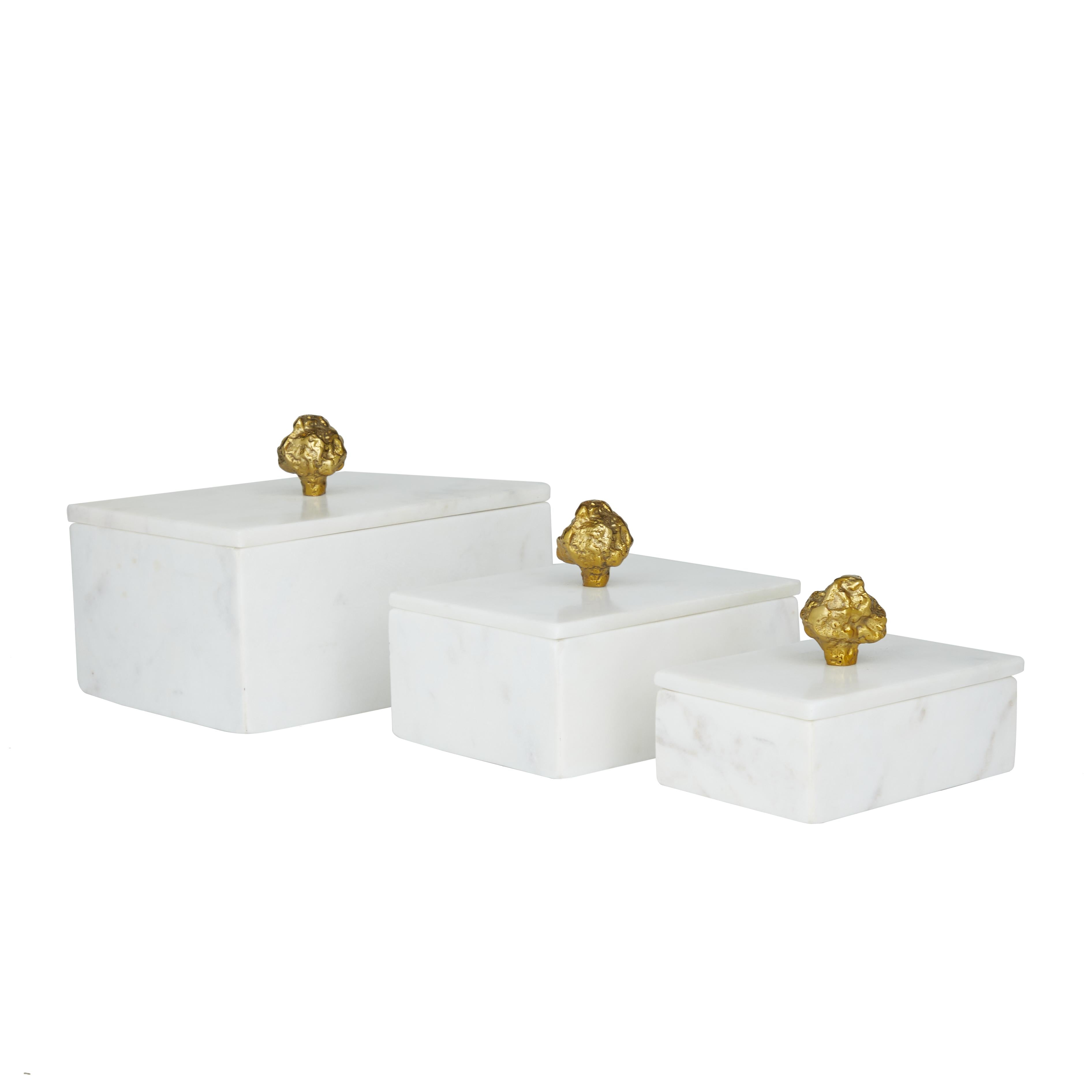 Set of 3 Marble Decorative Box with Textured Aluminum Knobs Set of 3 9", 7", 6"W