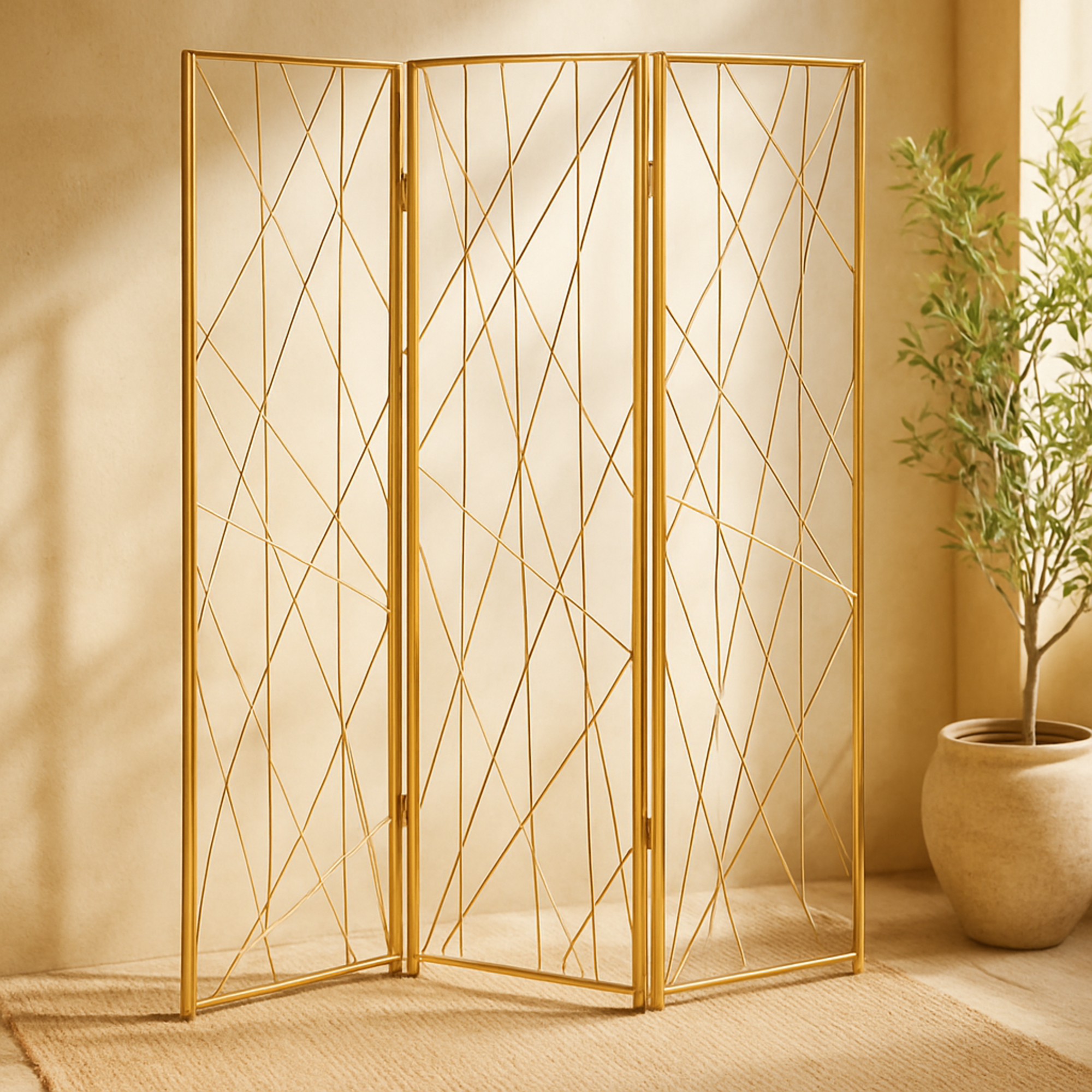 Abstract Gold Metal Foldable Partition 3 Panel Partition Room Divider Screen with Wire Rod Accents