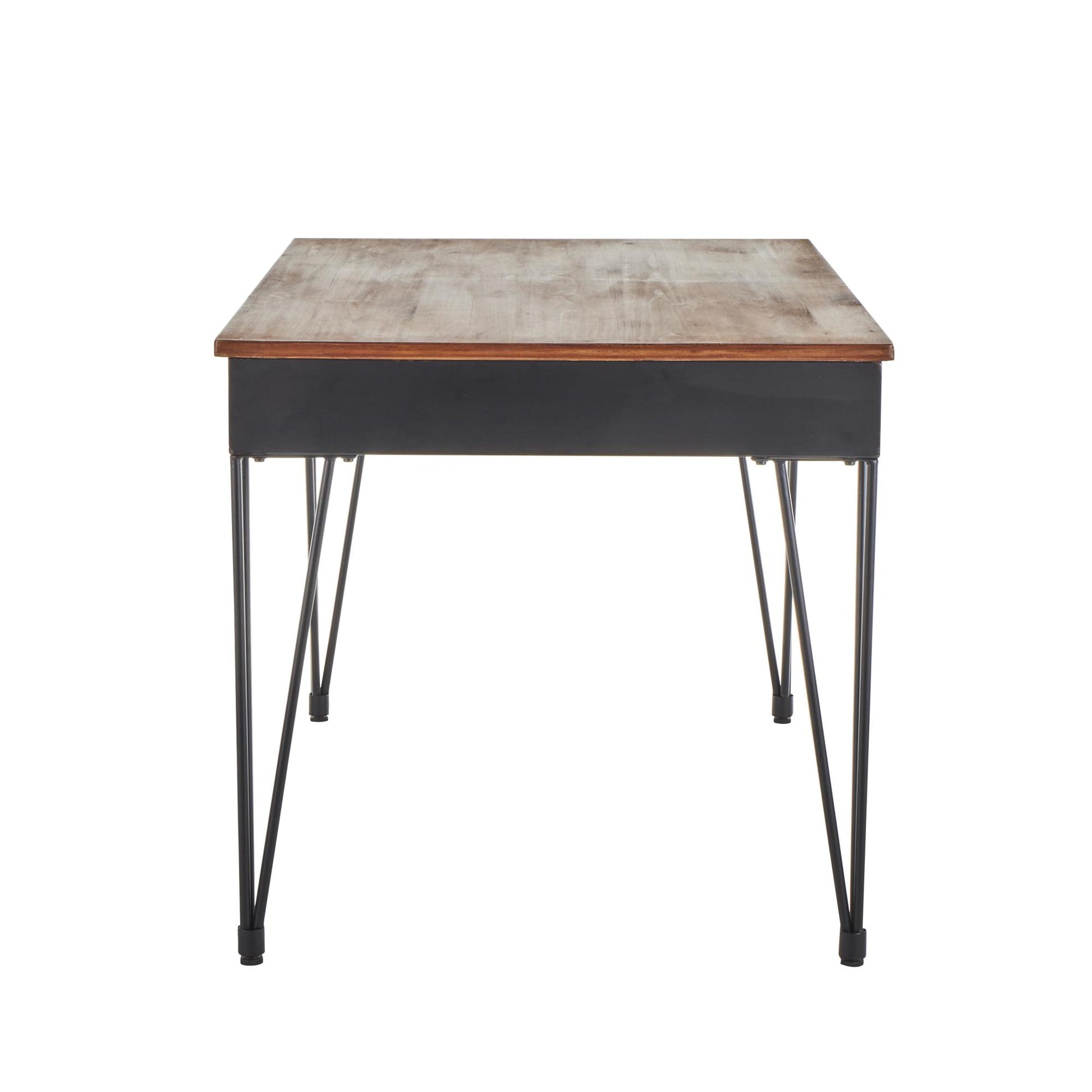 Black Metal Double Sided Living Room Desk with Brown Wooden Tabletop and Drawers