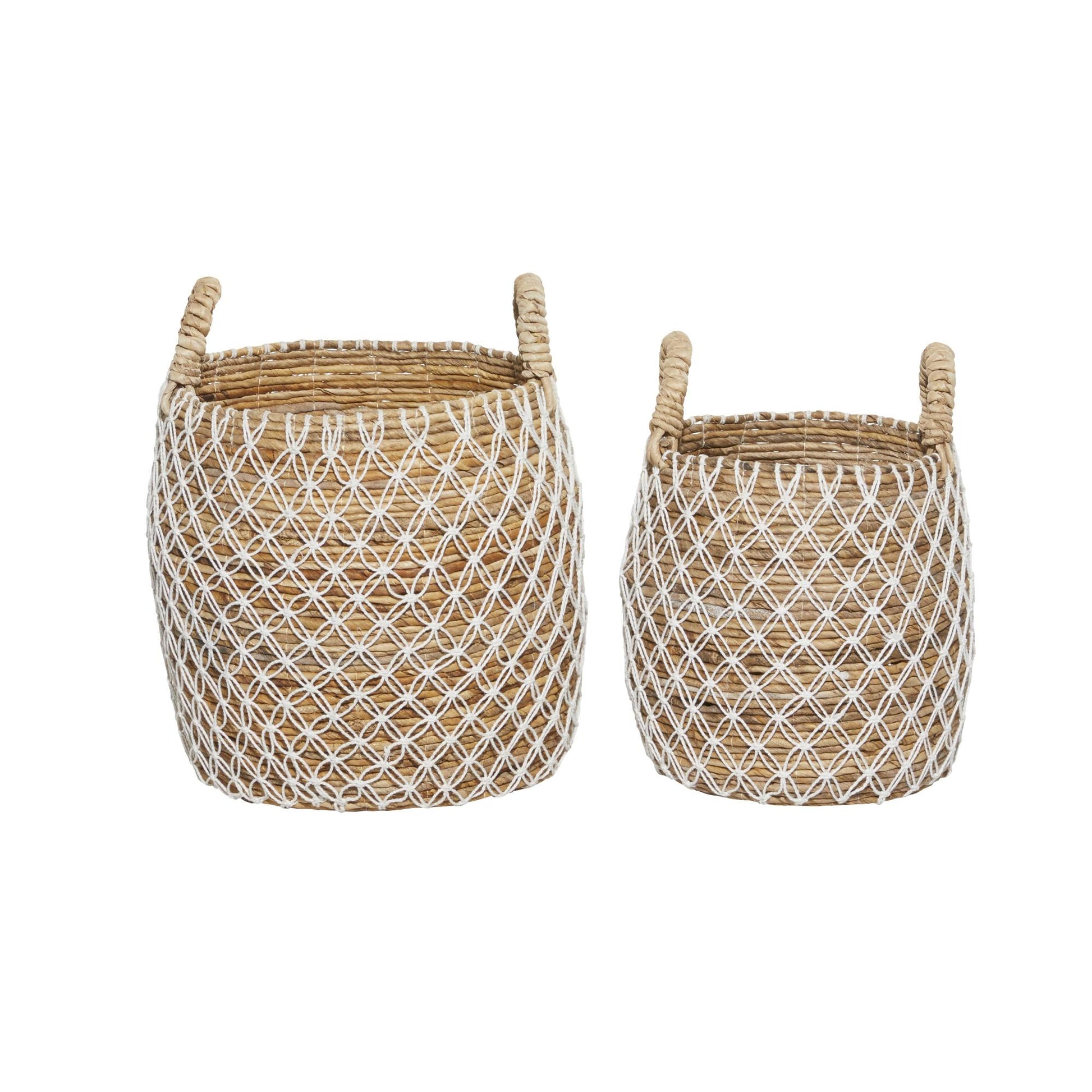 Set of 2 Brown Banana Leaf Handmade String Detail Decorative and Functional Storage Basket with Handles