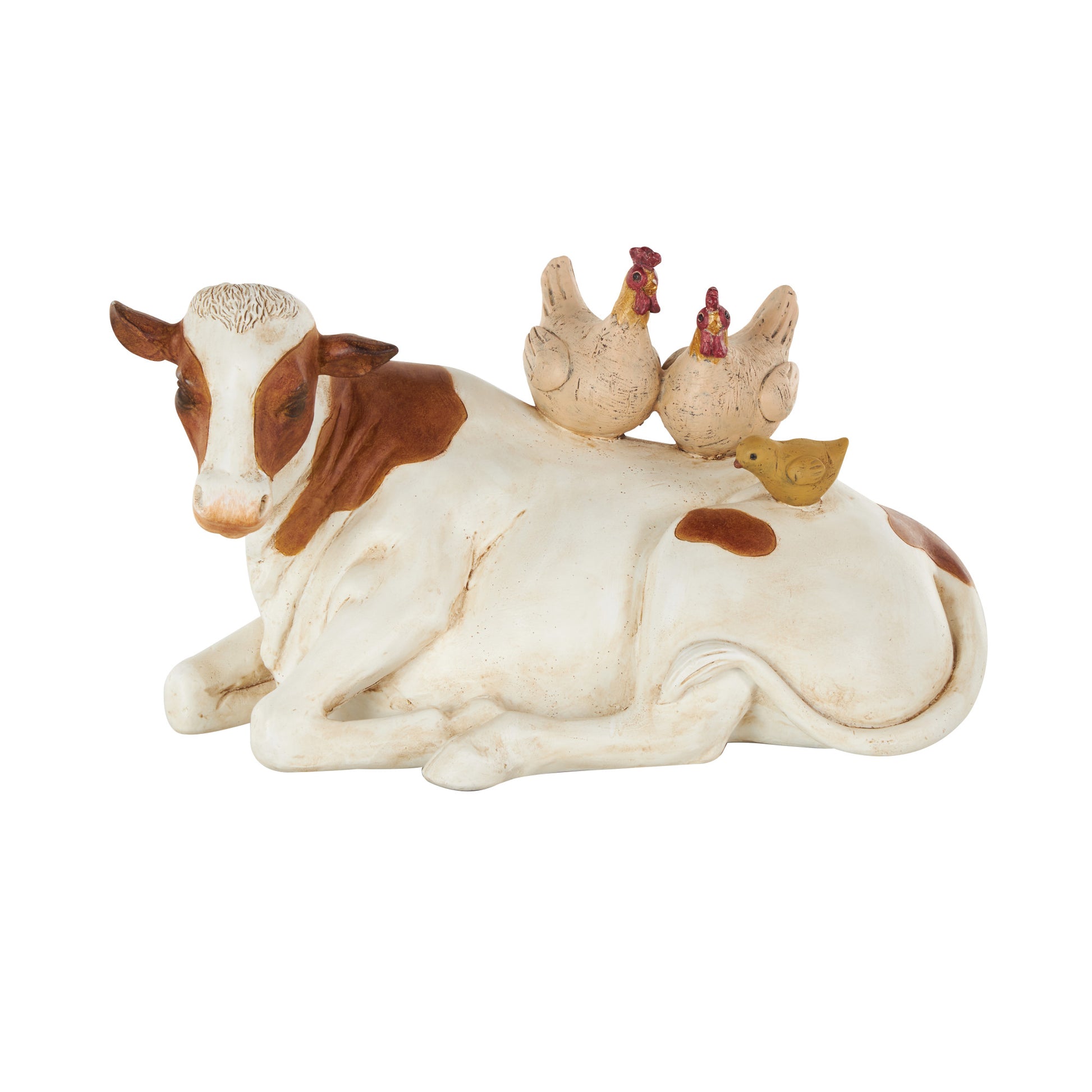 Cow Polystone Sleeping Decorative Sculpture with Sitting Roosters and Chicks 11" x 6" x 6"