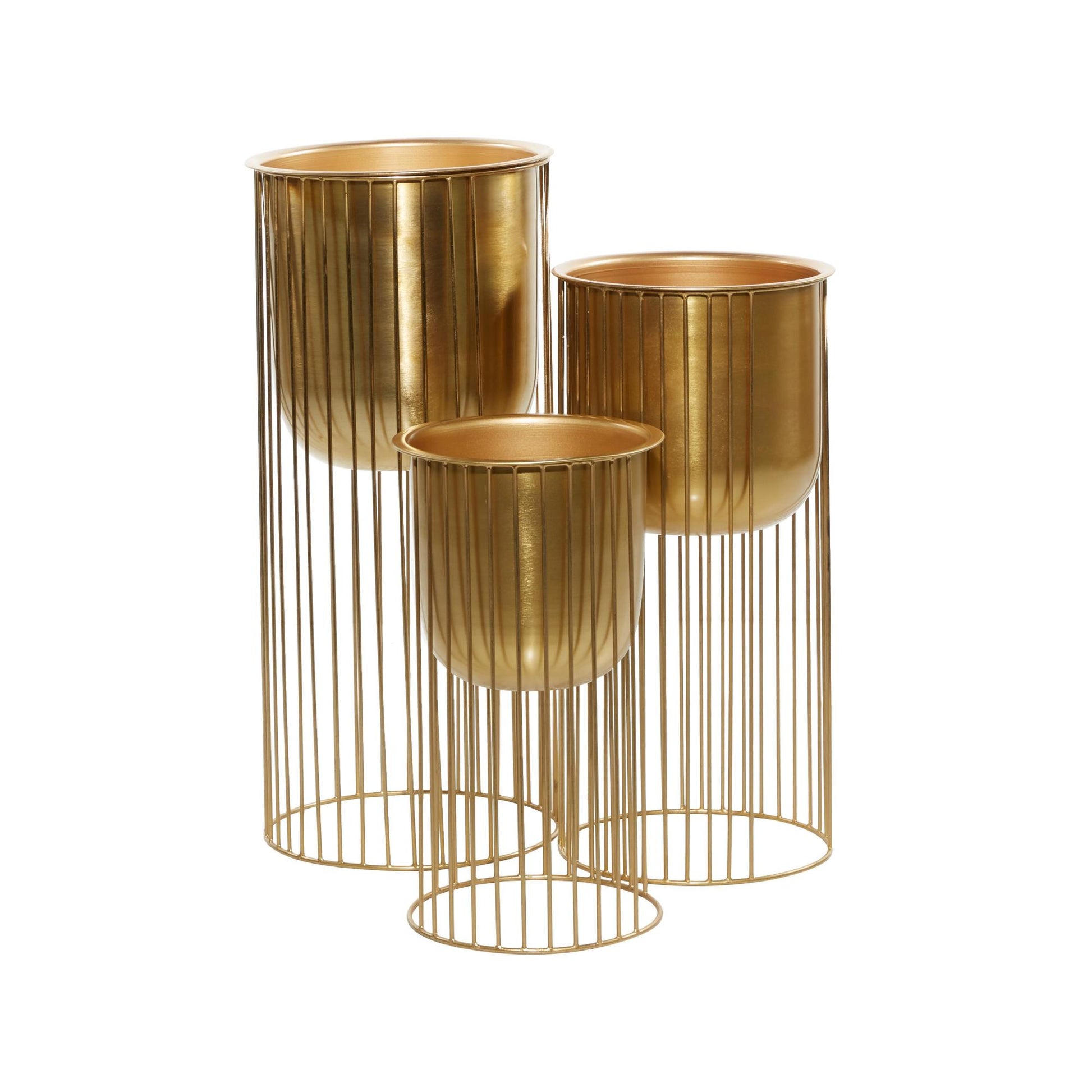 Set of 3 Gold Metal Deep Recessed Dome Indoor Outdoor Planter with Elevated Caged Stand