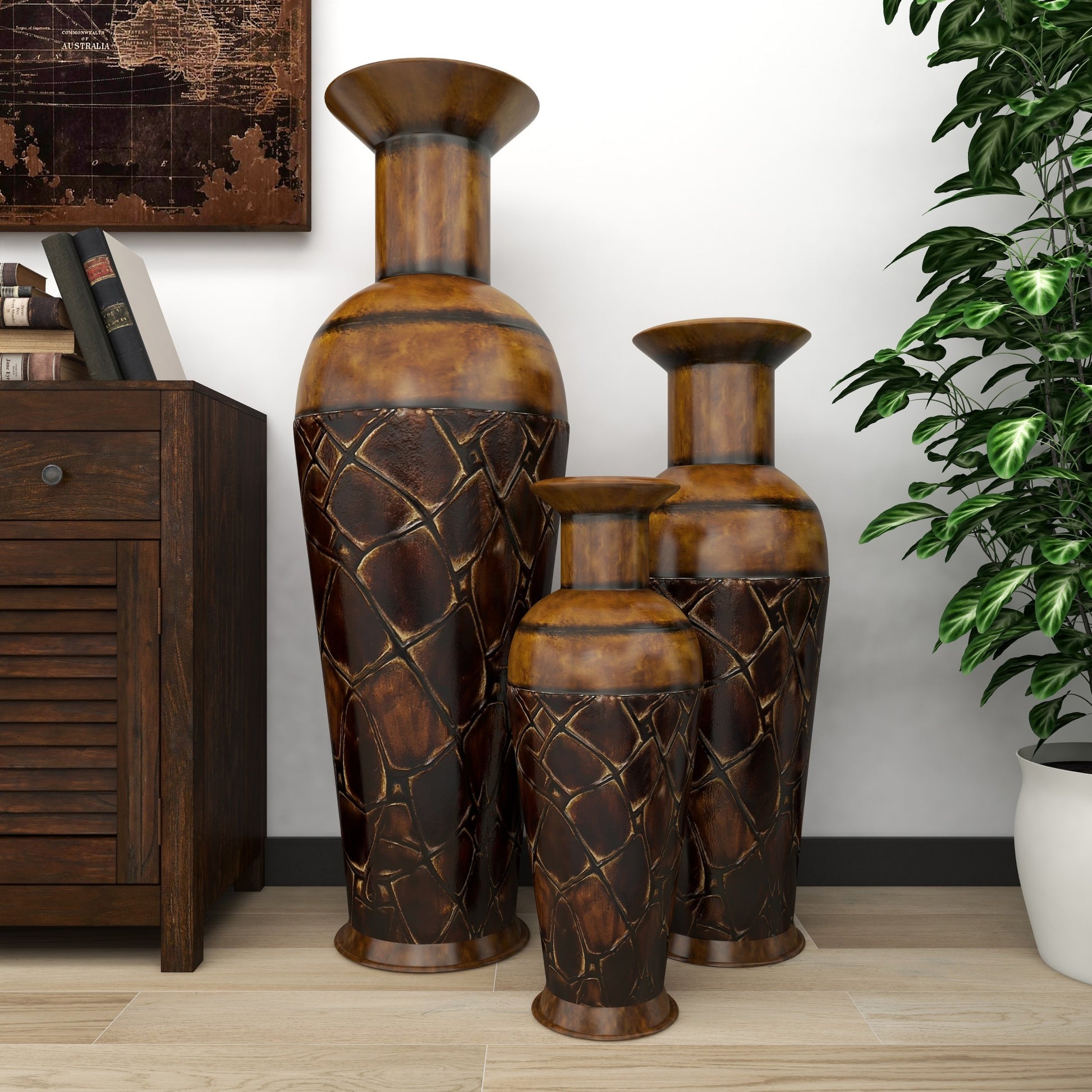 Set of 3 Brown Metal Indoor Outdoor Tall Floor Bottleneck Decorative Vase with Tortoise Shell Pattern