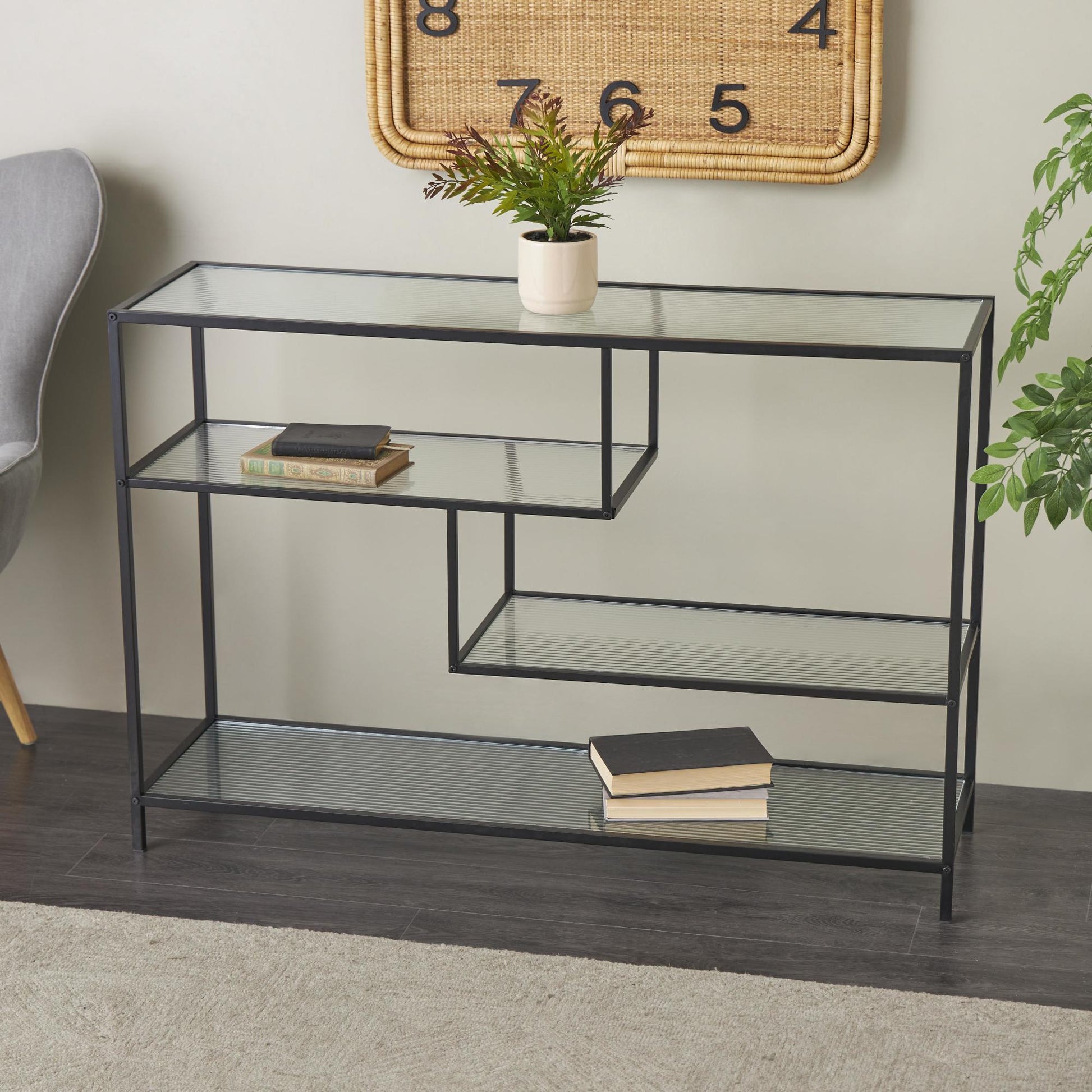 Geometric Black Metal 4 Shelf Living Room Console Table with Clear Glass Shelves