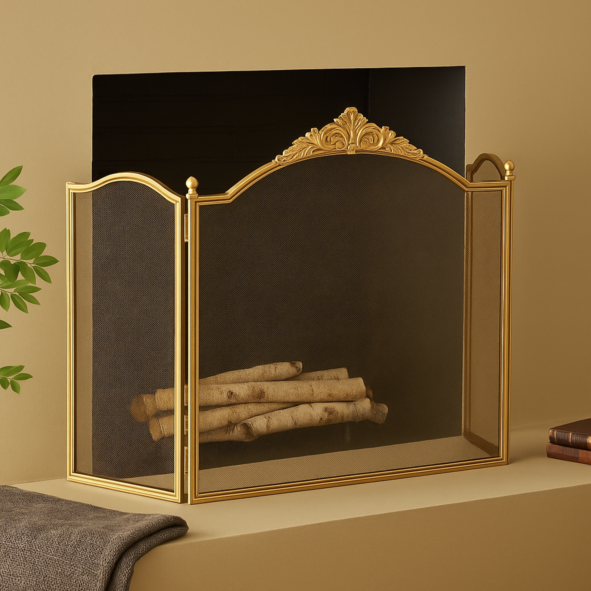 Floral Gold Metal Ornate Antique Arched 3 Panel Living Room Fireplace Screen with Finial Accents