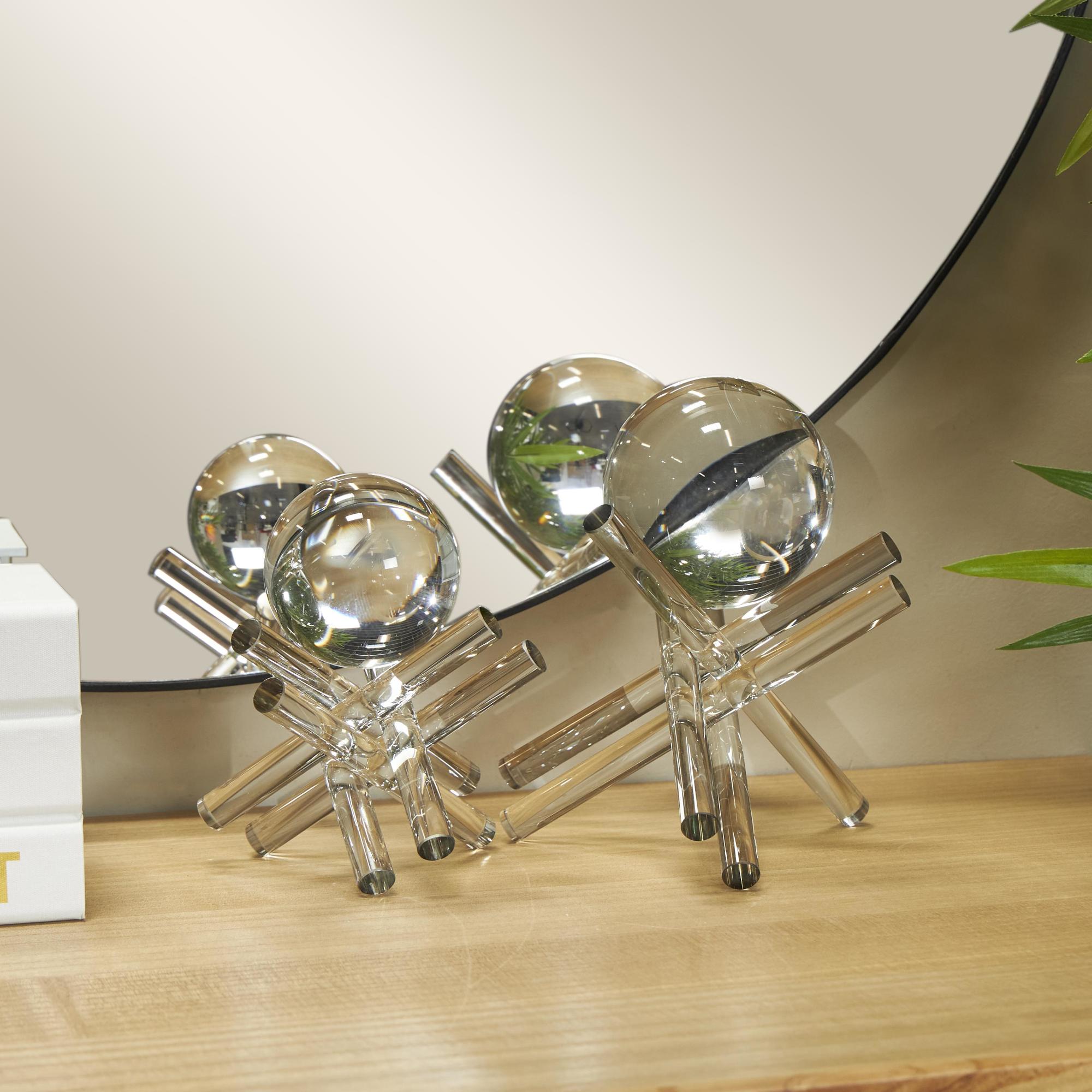 Set of 2 Jack Clear Crystal Inspired Decorative Sculpture with Clear Resting Orbs