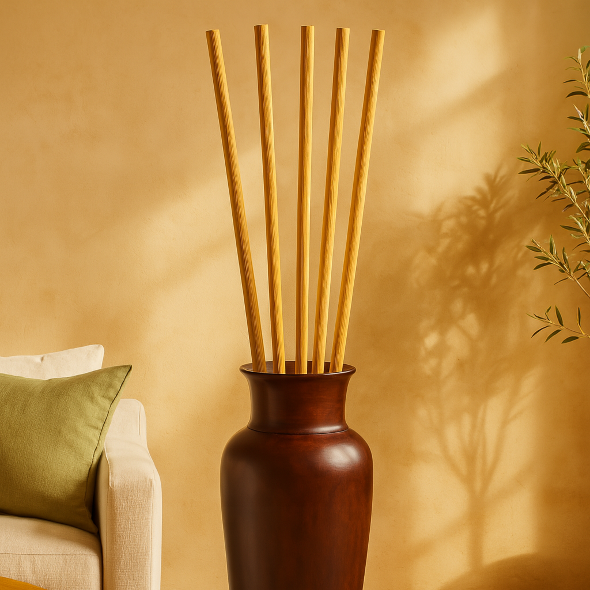 Set of 5 Brown Bamboo Wood Tall Sticks Home Decor Natural Foliage