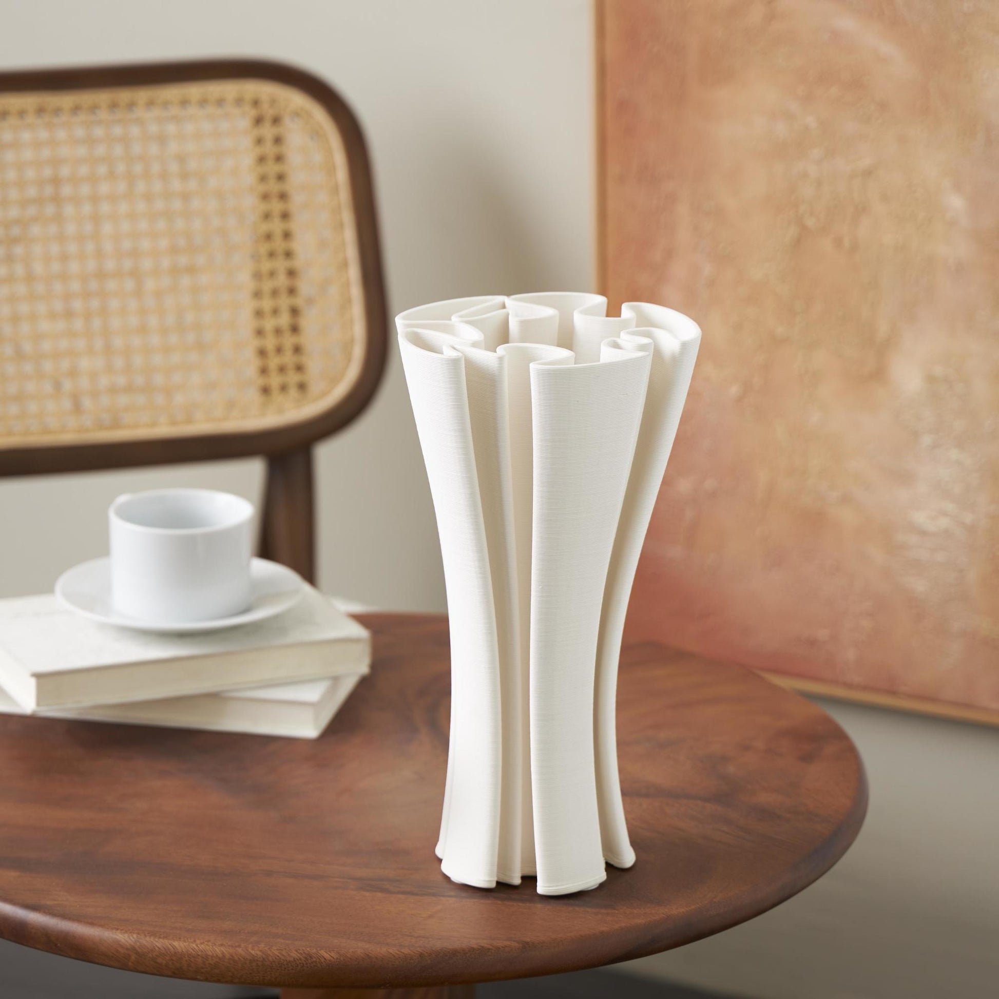 Abstract White Ceramic Ribbed Dimensional Folded Decorative Vase with Curvy Rim