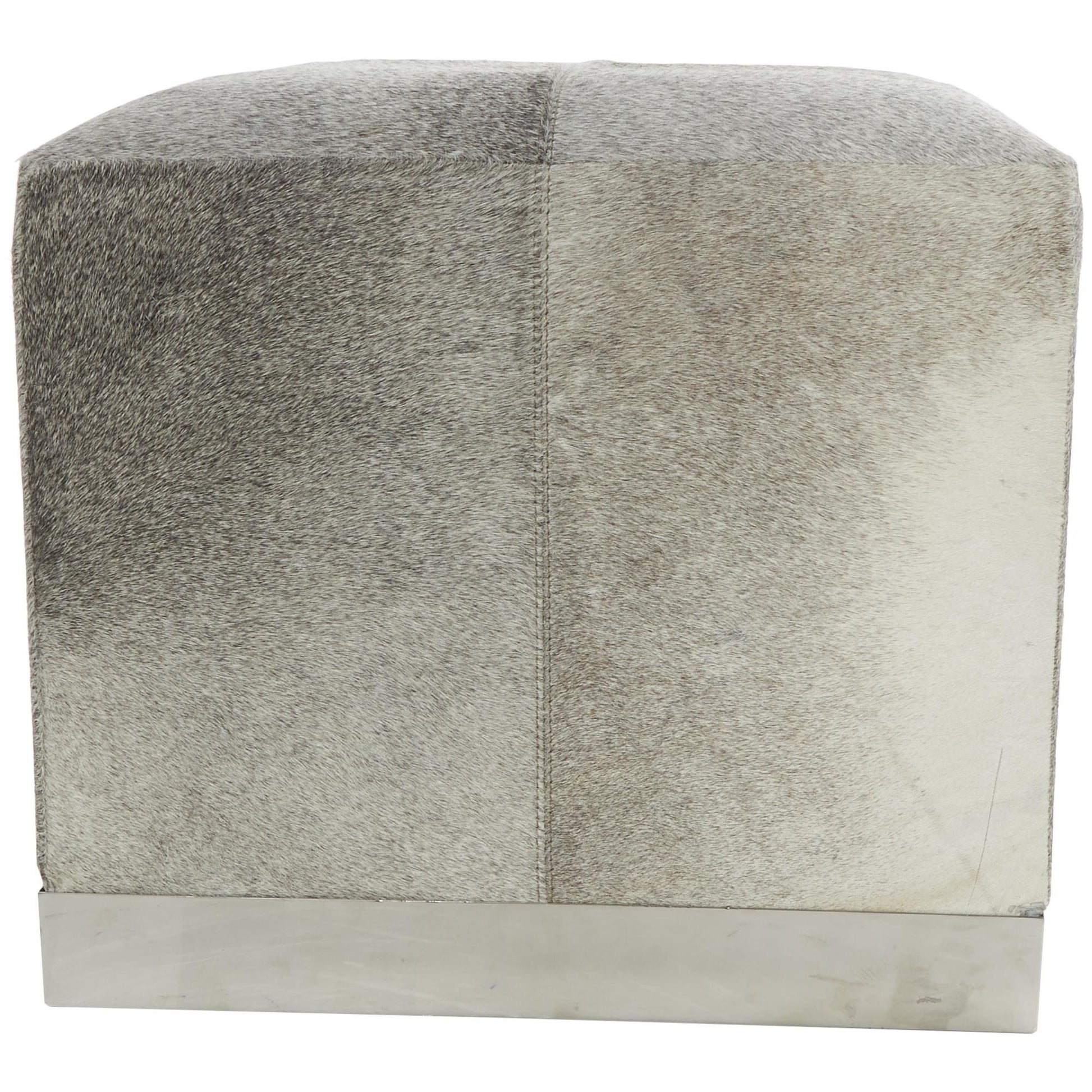 Gray Leather Patchwork Stuffed Pouf with Stainless Steel Base