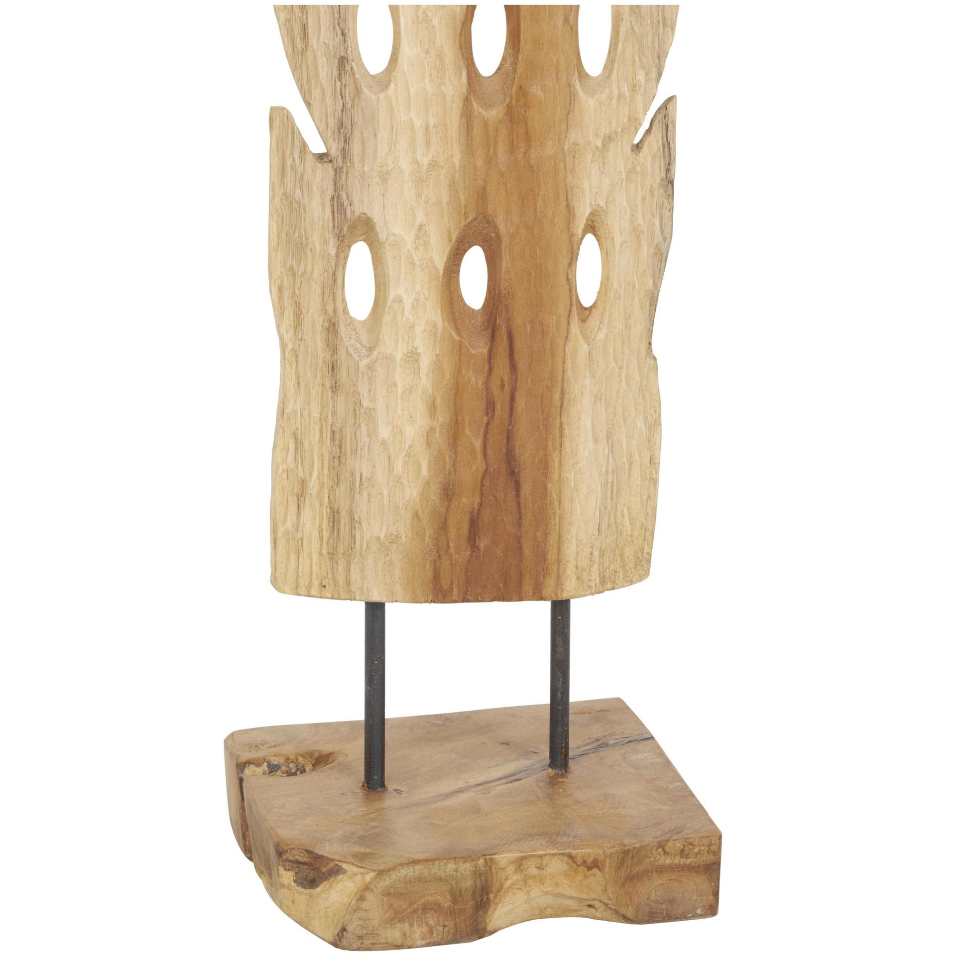 Abstract Brown Teak Wood Handmade Tall Floor Cutout Post Decorative Sculpture with Live Edge Base