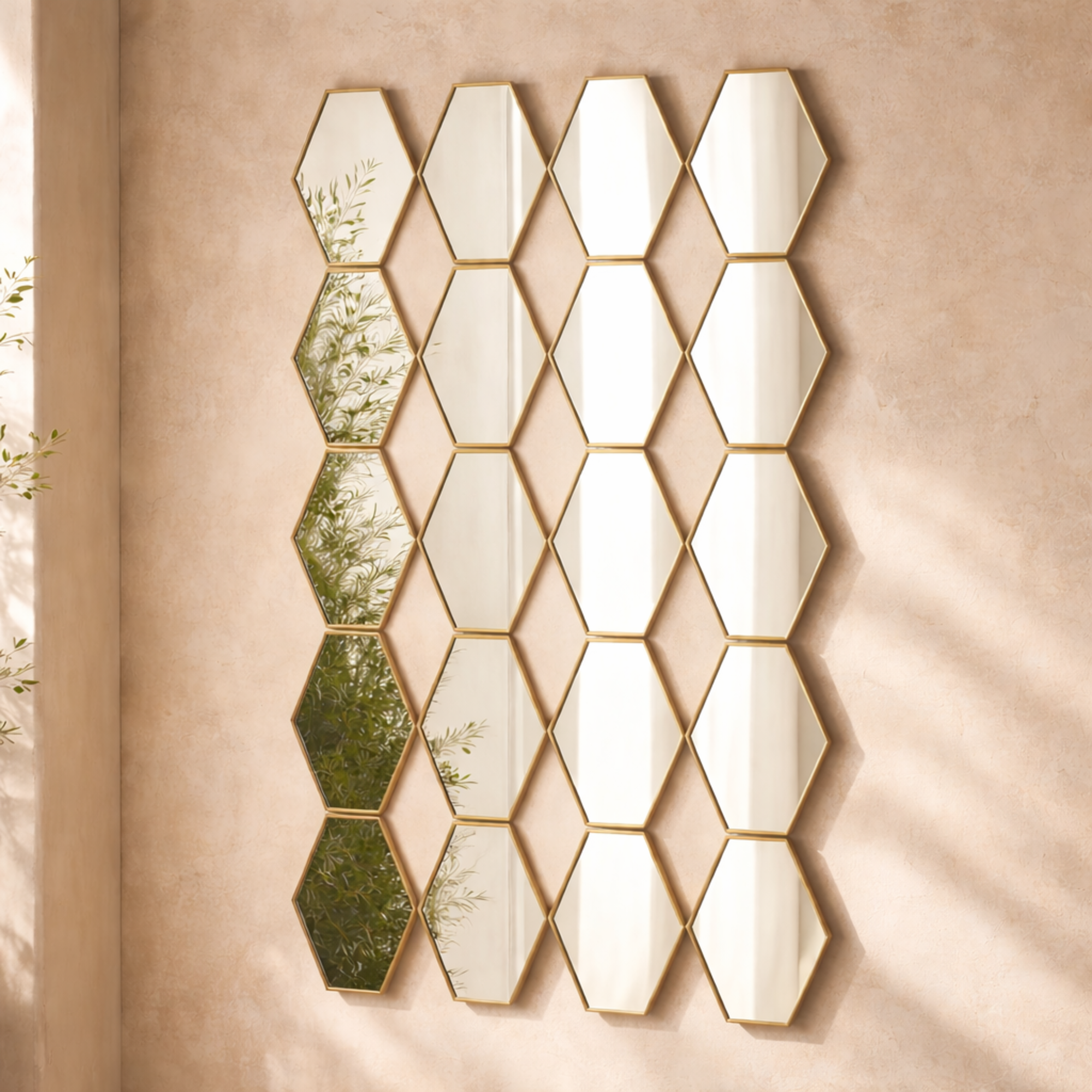 Geometric Gold Metal Hexagon Panel Room Wall Mirror