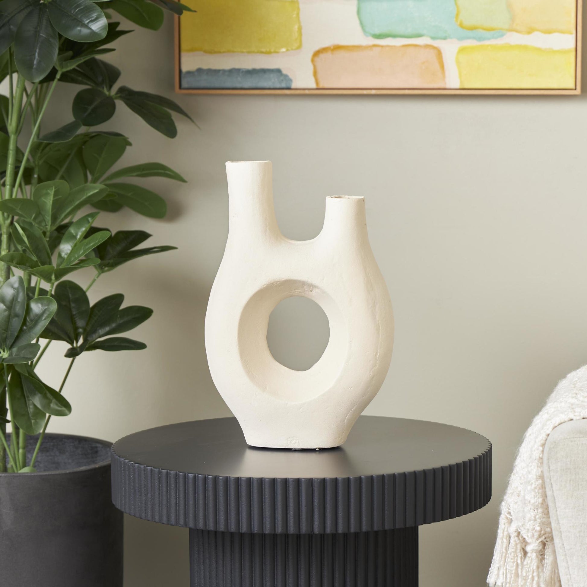 Abstract Beige Paper Mache Rounded Decorative Vase with Double Openings
