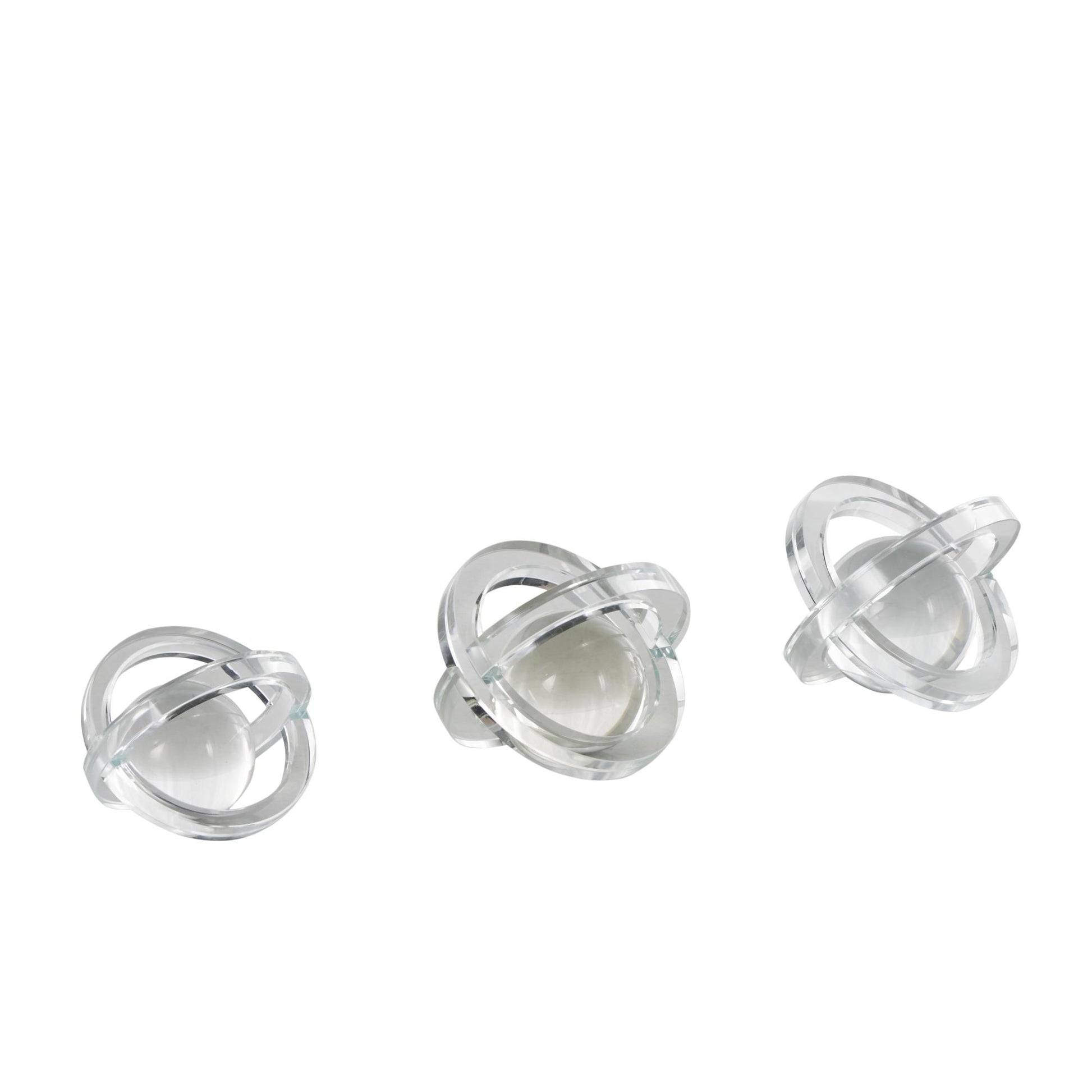 Set of 3 Geometric Clear Glass Orb Decorative Sculpture with Overlapping Rings and Ball Center