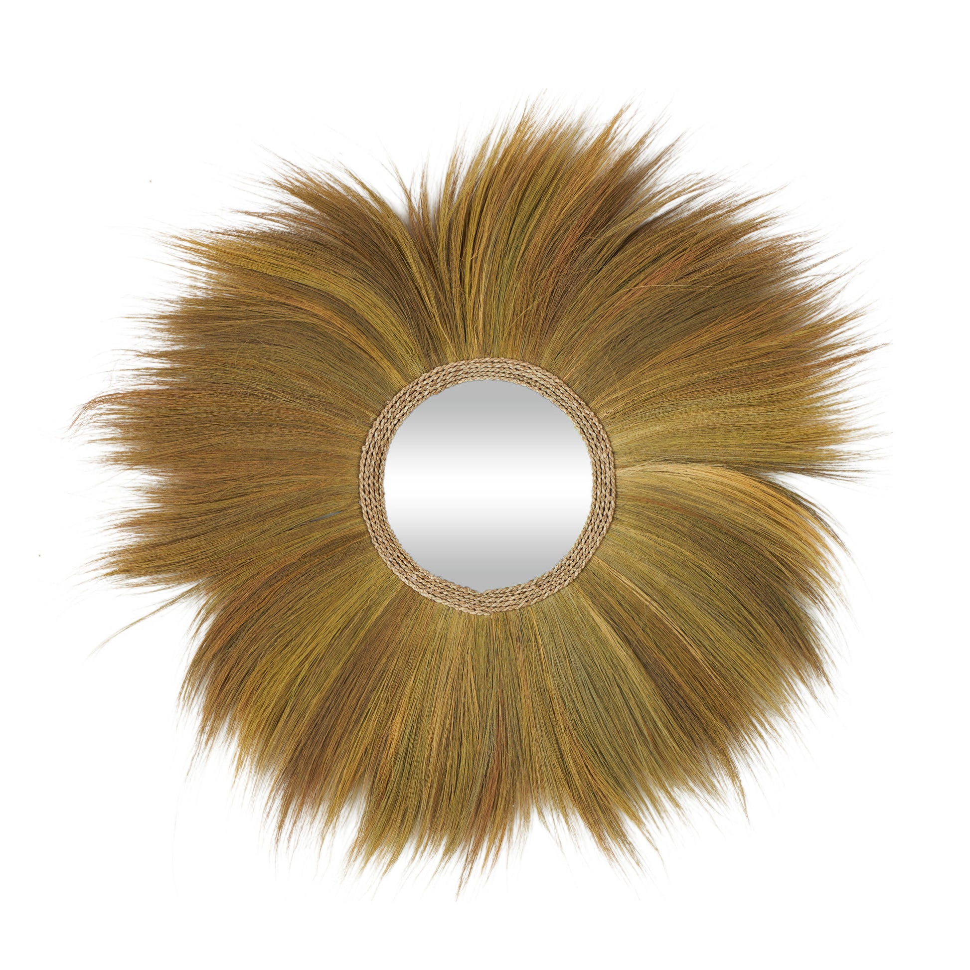 Brown Dried Plant Tribal Inspired Sunburst Grass Room Wall Mirror with Coiled Rope Center