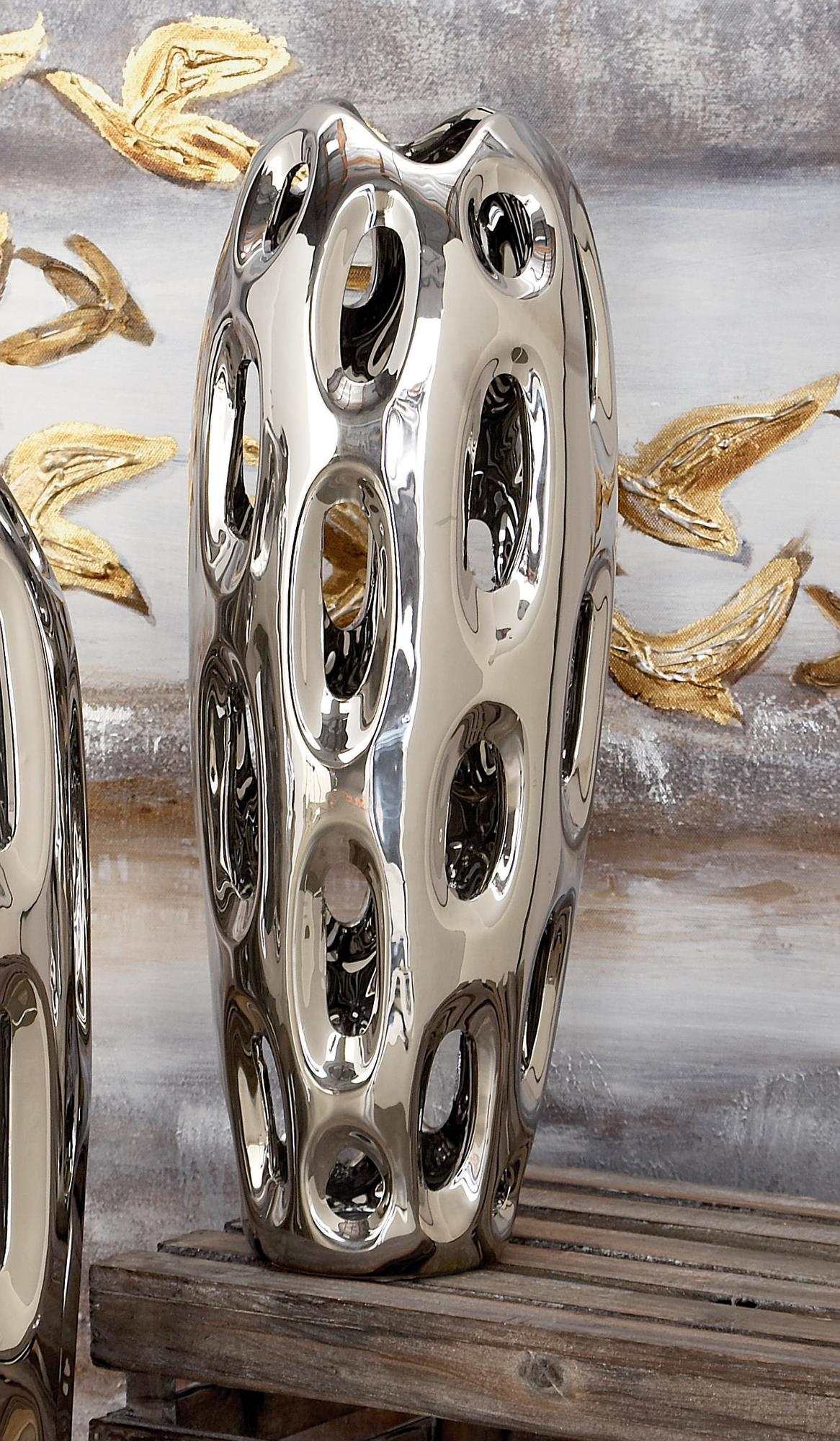 Silver Ceramic Decorative Vase with Cut Out Designs