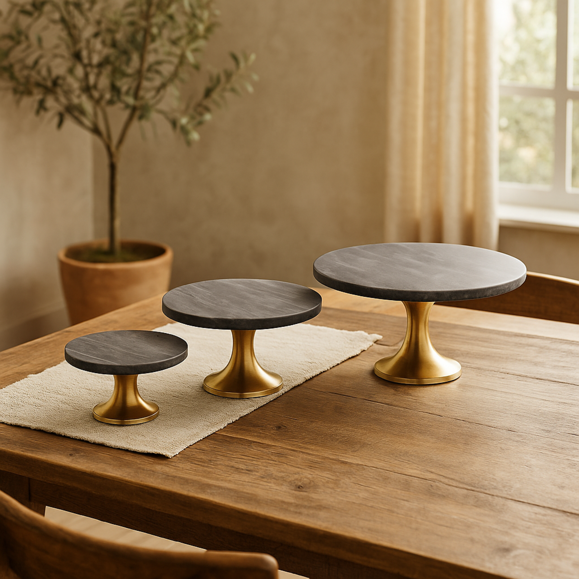 Set of 3 Black Aluminum Metal Decorative Cake Stand with Gold Base