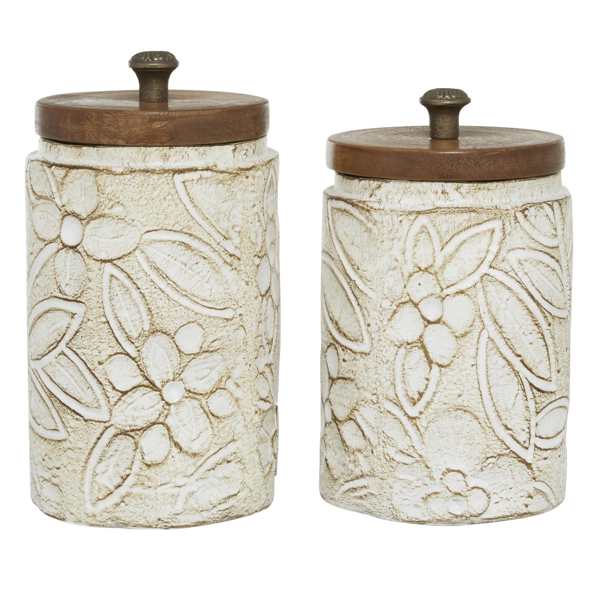 Set of 2 Floral White Ceramic Handmade Intricately Carved Living Room Decorative Jars with Wood Lids