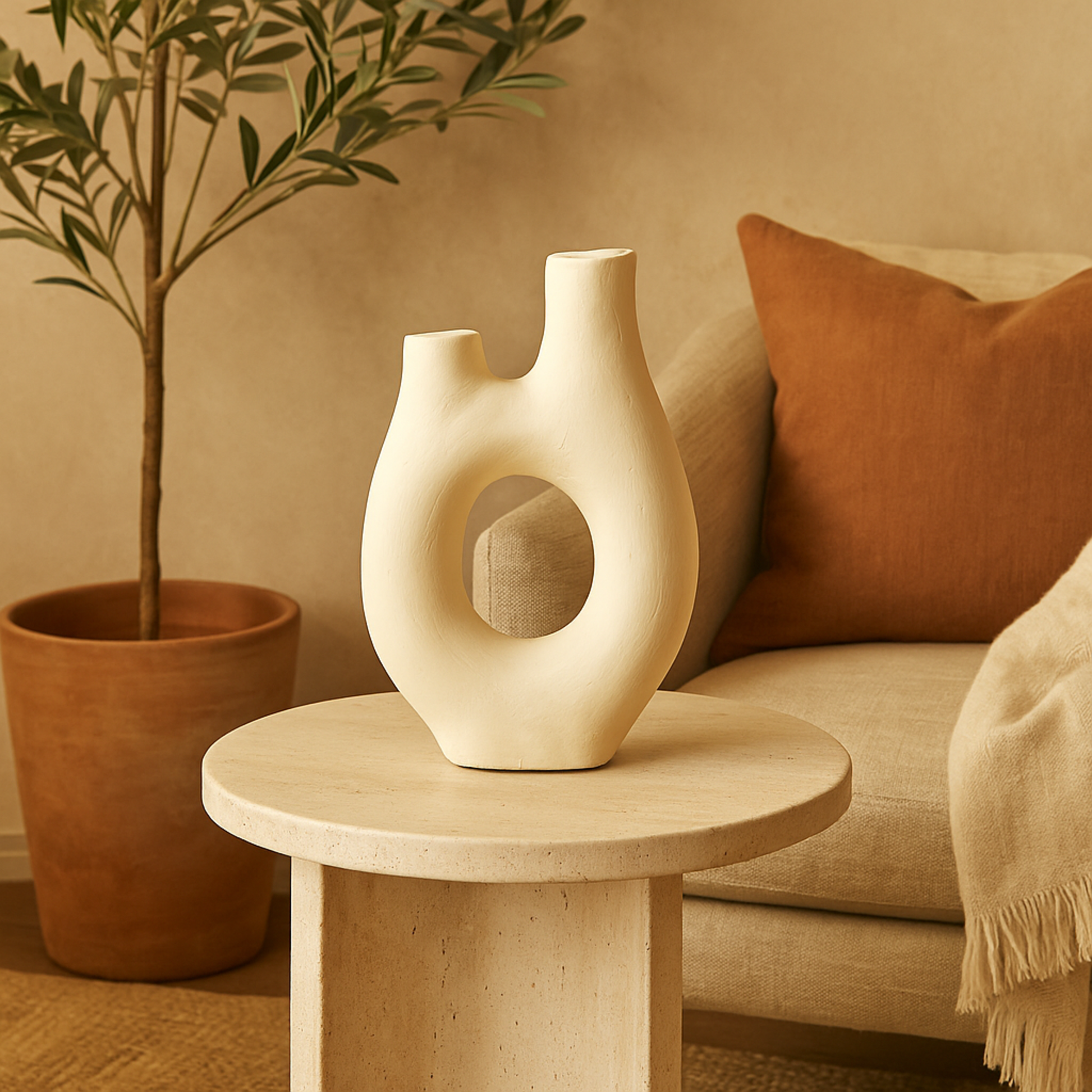 Abstract Beige Paper Mache Rounded Decorative Vase with Double Openings