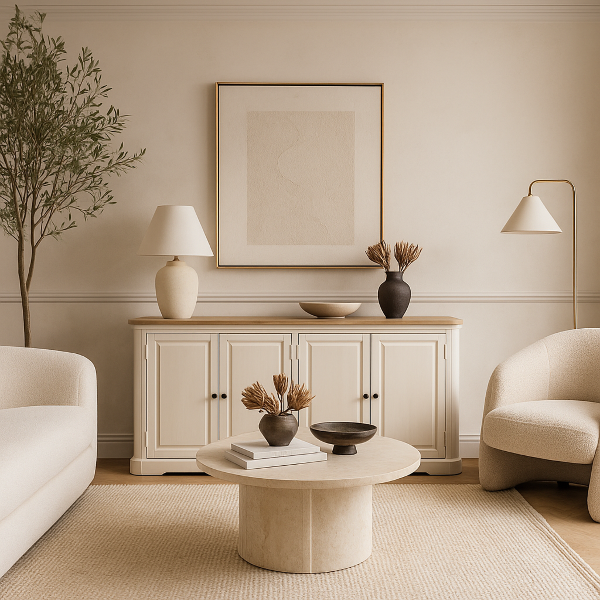 White Wood 4 Door Media Credenza Sideboard with Brown Wood Top and Black Round Knobs