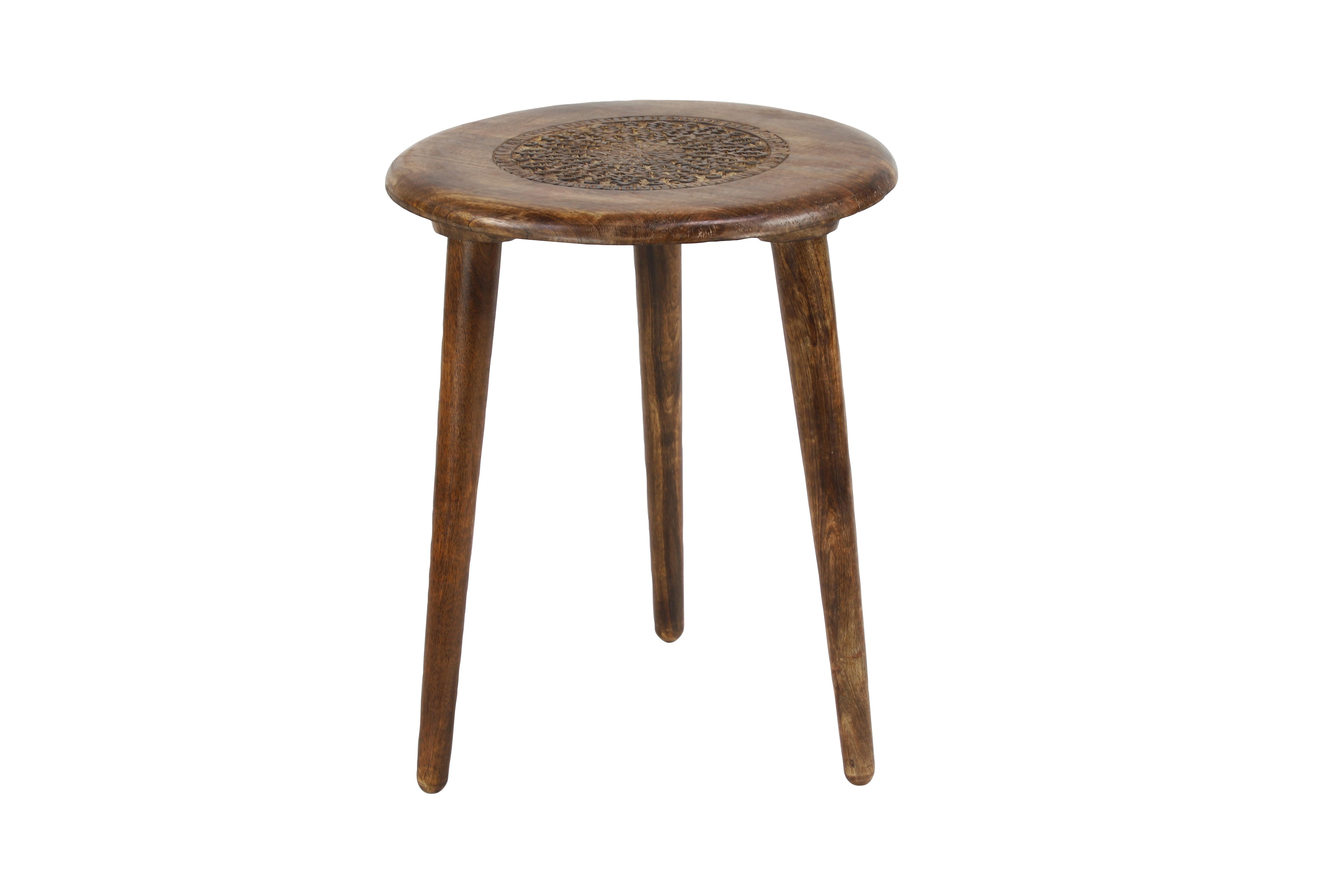 Floral Mango Wood Handmade Intricately Carved Side End Accent Table with Tripod Legs