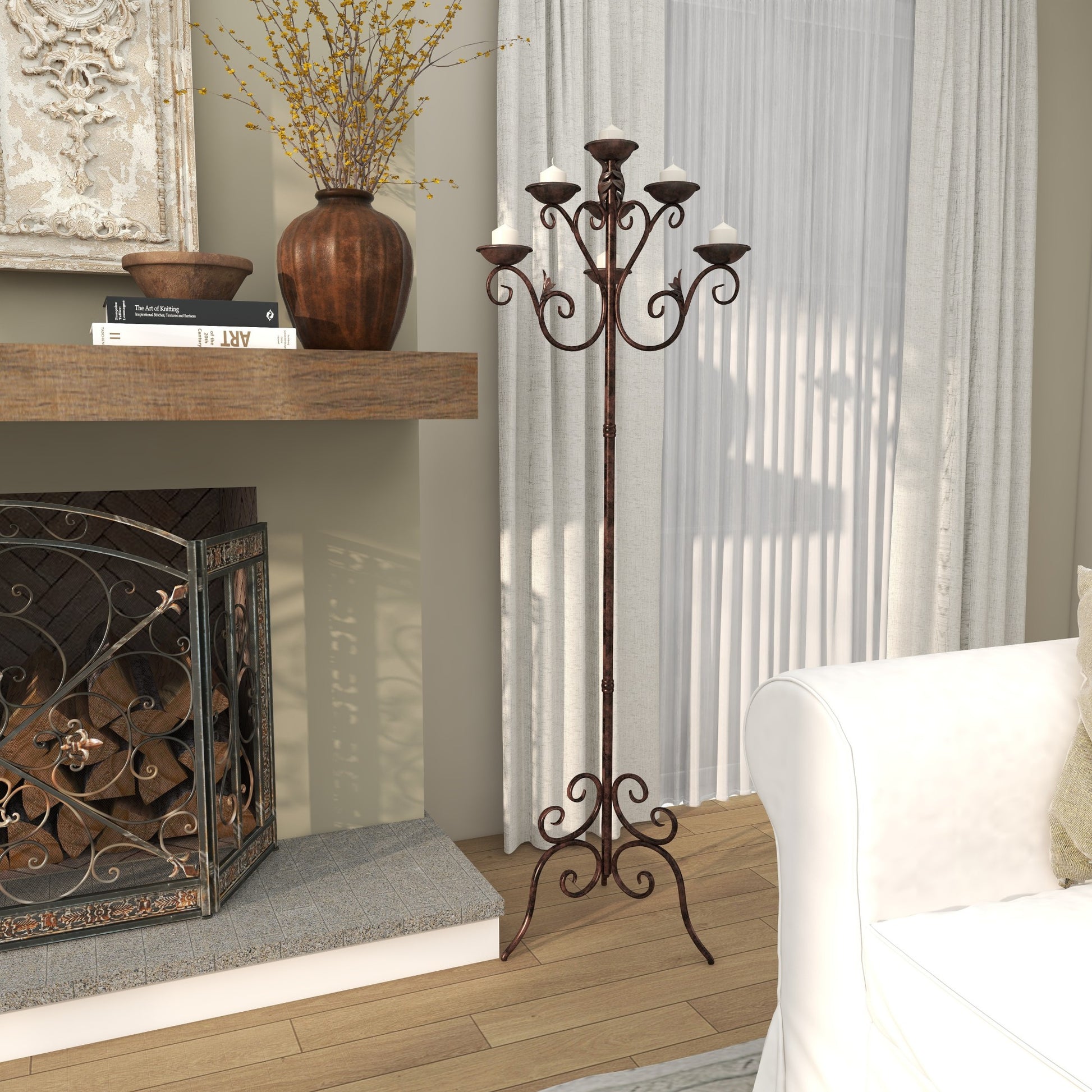 Scroll Brown Metal Tall Decorative Candelabra