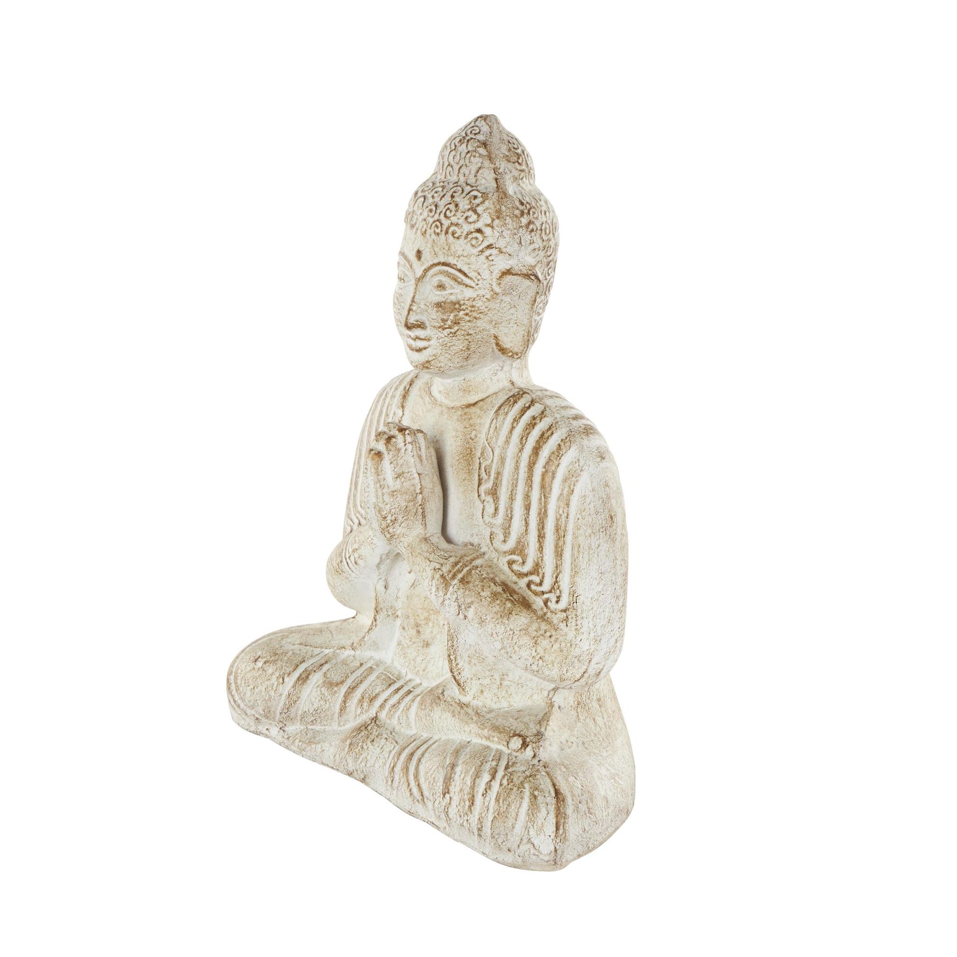 Buddha Cream Paper Mache Handmade Carved Decorative Sculpture with Brown Distressing