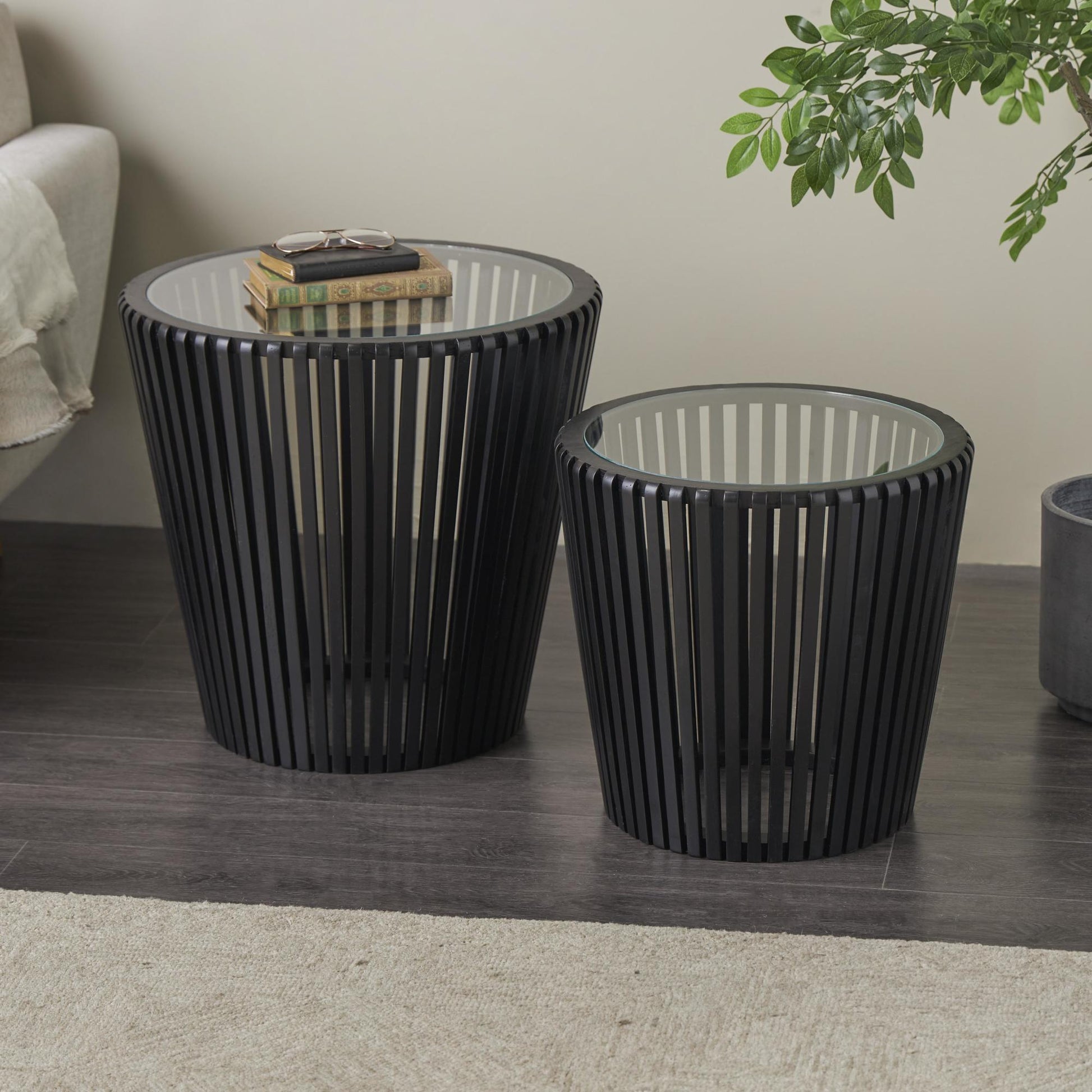 Set of 2 Black Wood Cage Inspired Side End Accent Table with Clear Glass Tabletop
