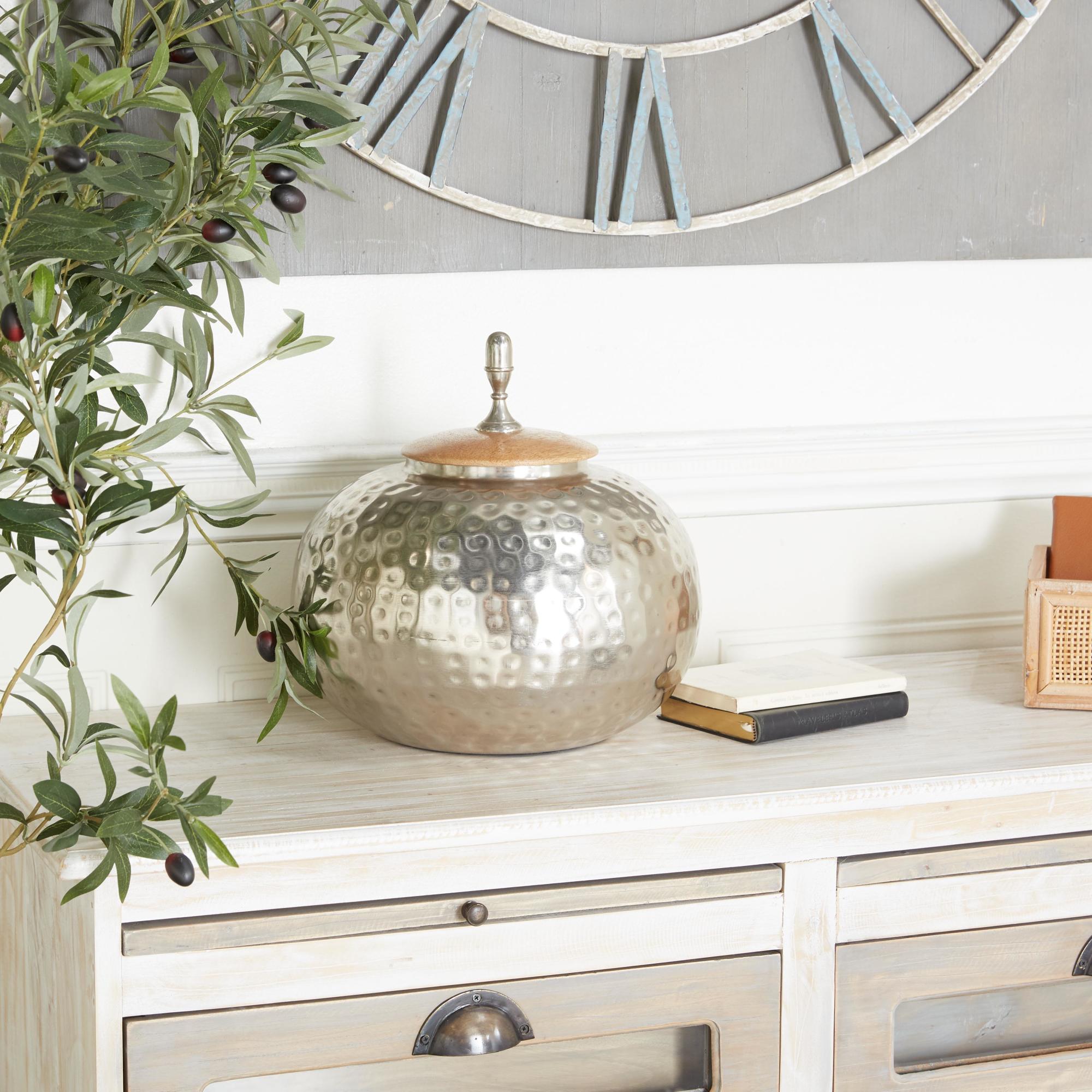Silver Metal Hammered Living Room Decorative Jars with Wood Lid